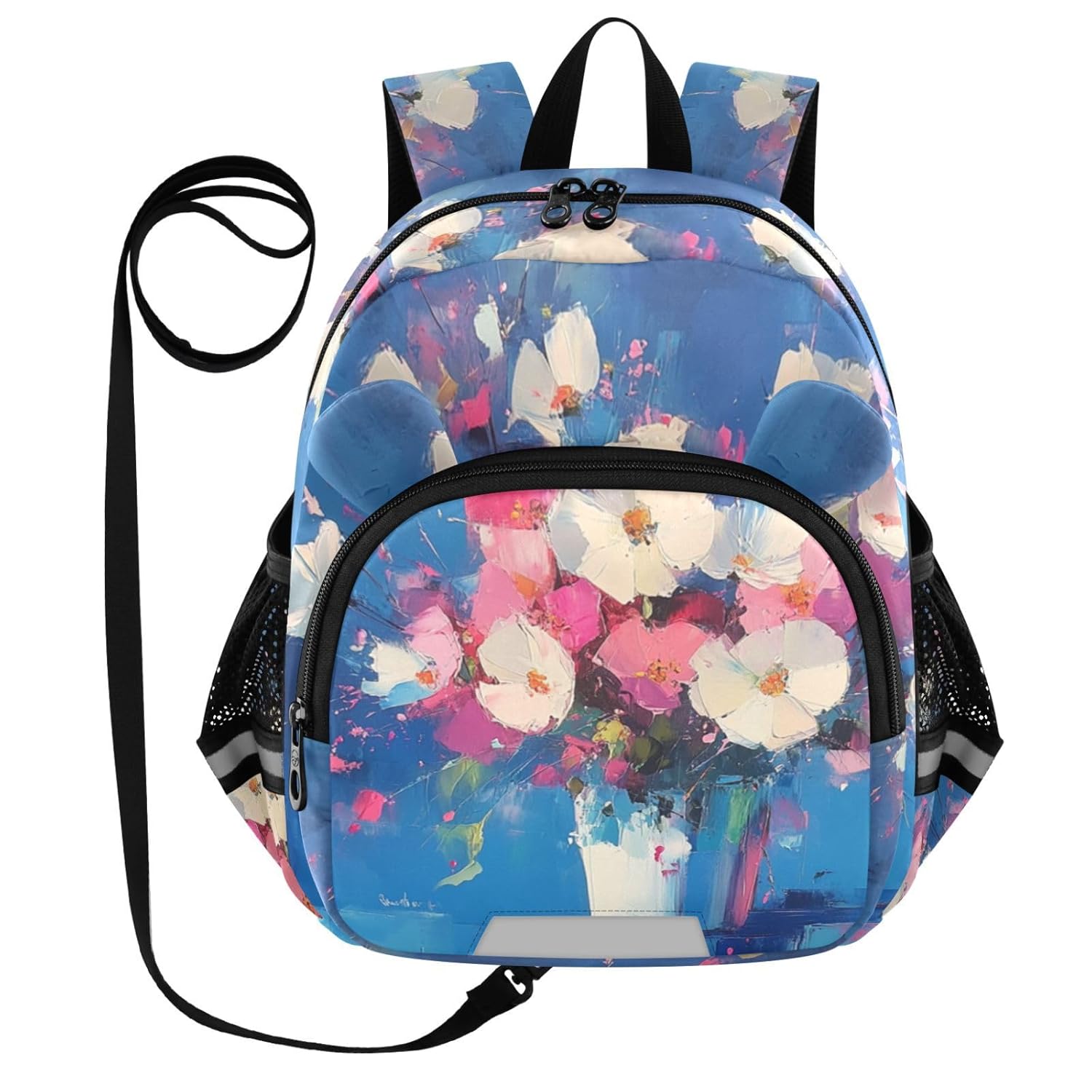Floral Vase Painting Blue Toddler Harness Backpack for Boys Girls 3-6 Years Kids Backpack with Anti Lost Safety Leash Baby Travel Bag for Travel Walking Preschool