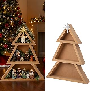 3 Tier Wooden Christmas Tree Display Shelf Christmas Tree Shaped DIY Ladder Shelves for Winter Xmas Decoration Centerpiece Home Living Room Bedroom Decor