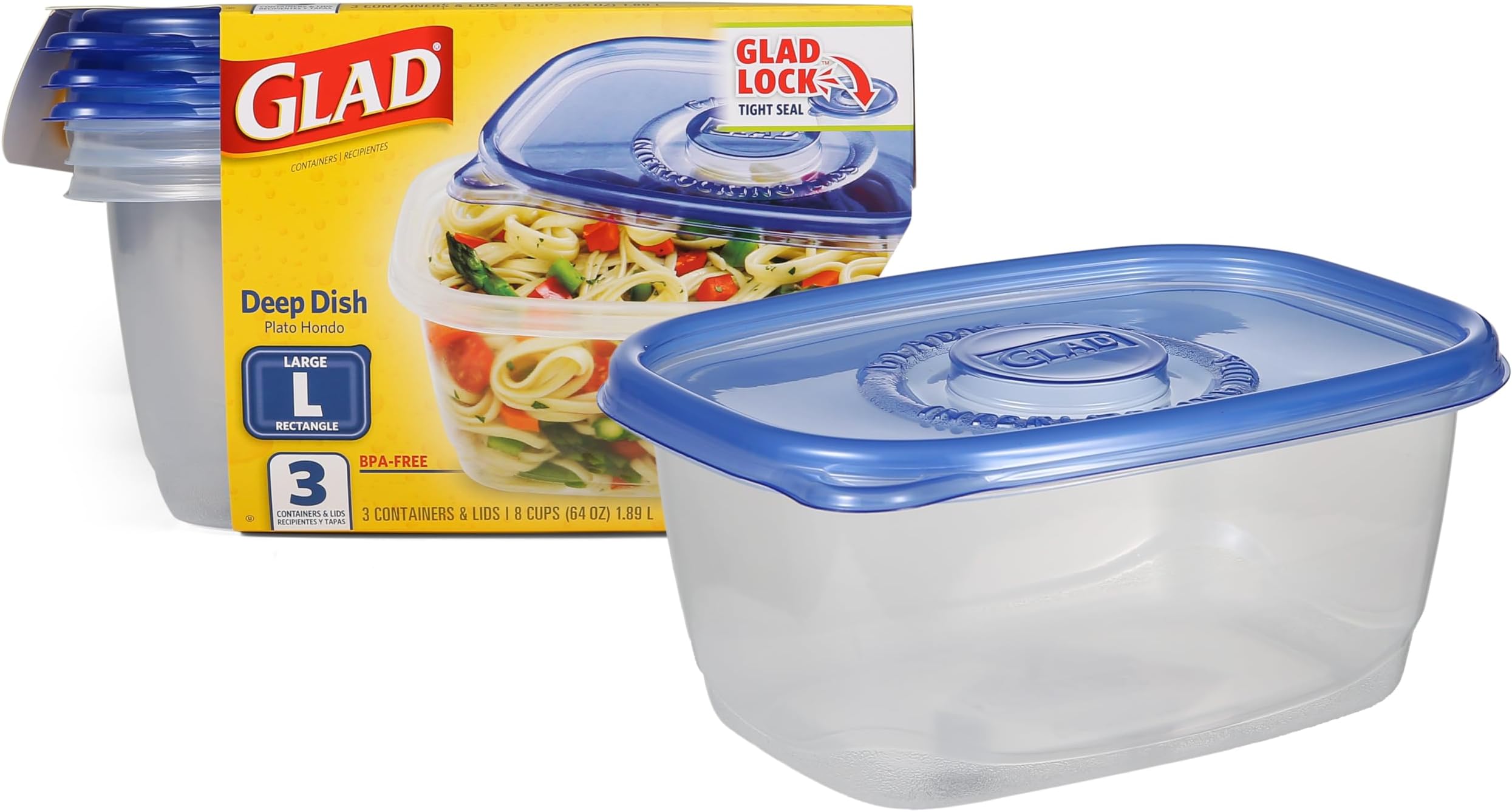 Glad Food Storage Containers - Deep Dish Container - 64 Ounce - 3 Containers
