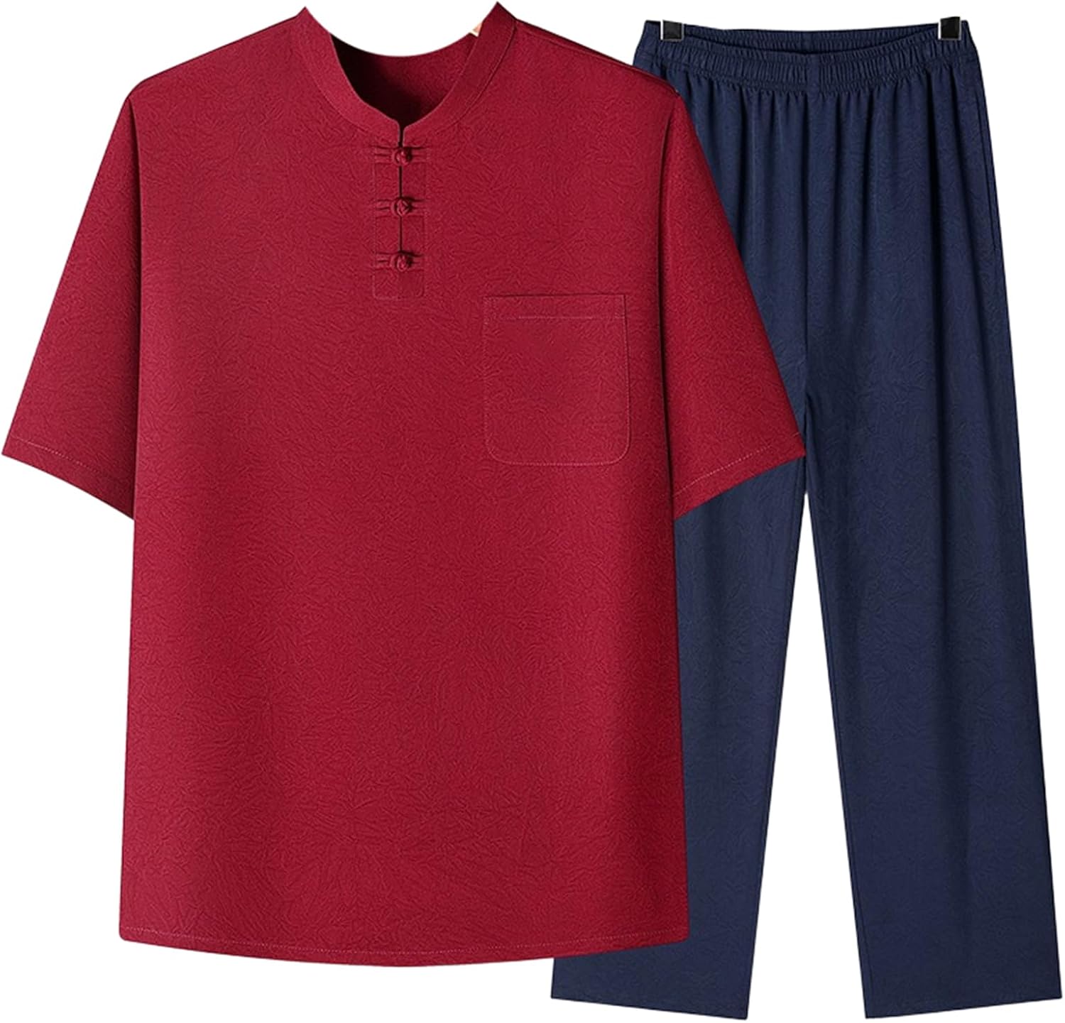 Men's Ice Silk Tang Suit Set Lightweight Middle Aged Pockets Chinese Style Mandarin Collar Short Sleeve 2 Piece