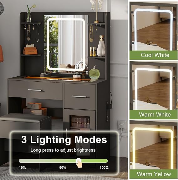 YOSHOOT Dressing Table with LED Lighting Mirror, Glass Top Charging Station, Vanity Table with 2 Drawers, Side Cabinet, Makeup Desk with Upholstered Stool for Cloakroom and Bedroom,90*40*140cm（Black）