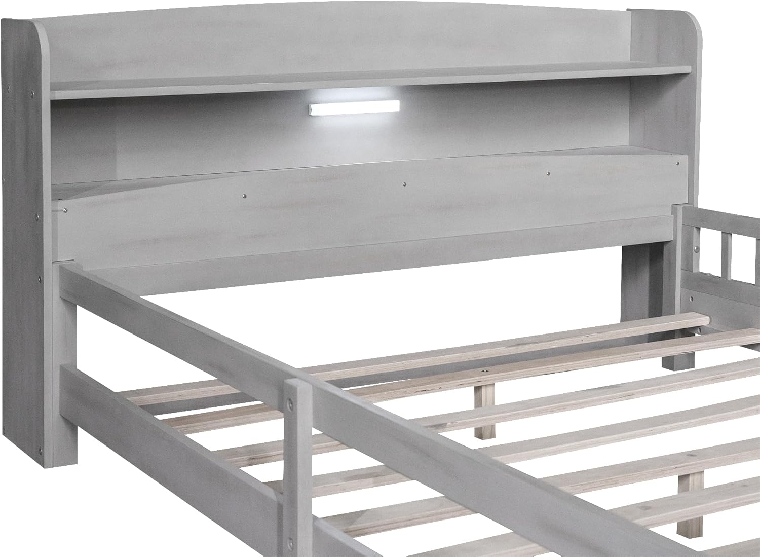 Modern Full Size Platform Bed Storage Headboard and Safety Guardrail for Kids, Function Wood Platform Bed Frame with Built-in LED Light for Boy Girls Bedroom (Antique Gray-LTF)