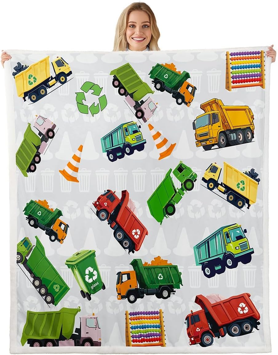 Garbage Track Sherpa Blanket Cartoon Dump Truck Fleece Throw Blanket for Bed Sofa Couch Cartoon Car Plush Blanket Construction Car Fuzzy Blanket Twin 60"x80"