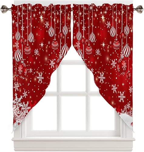 Paquete de 2 cenefas rojas de Navidad para ventanas, cortinas de ventana de cocina de 36 pulgadas de largo, cortinas blancas de invierno con