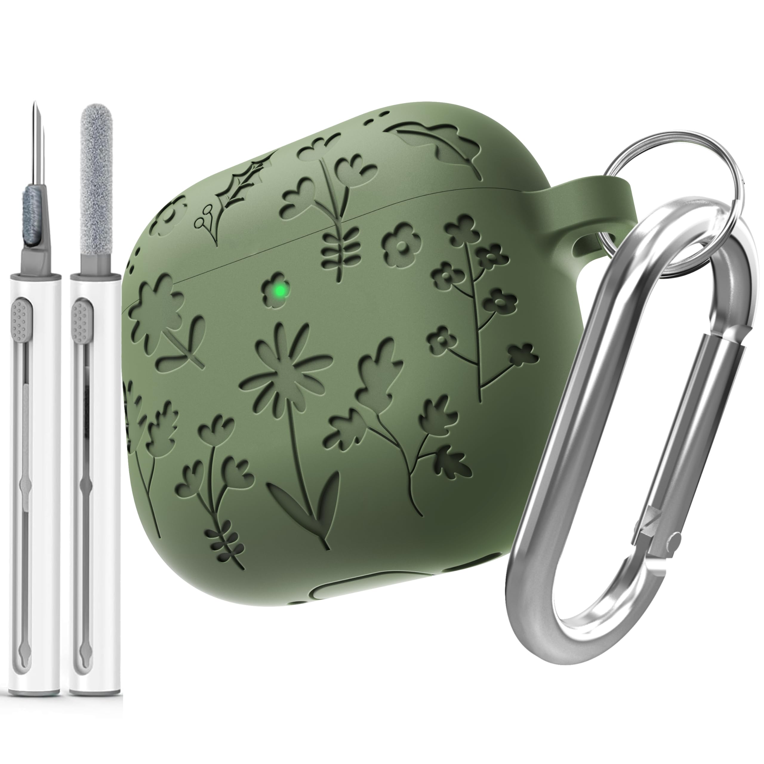 DamonLight Flora Engraved Case for AirPods 4 with Active Noise Cancellation Cover Shockproof Protective Soft Silicone Case with Cleaning Pen and Keychain for Apple Airpods 4th Generation(Olive Green)