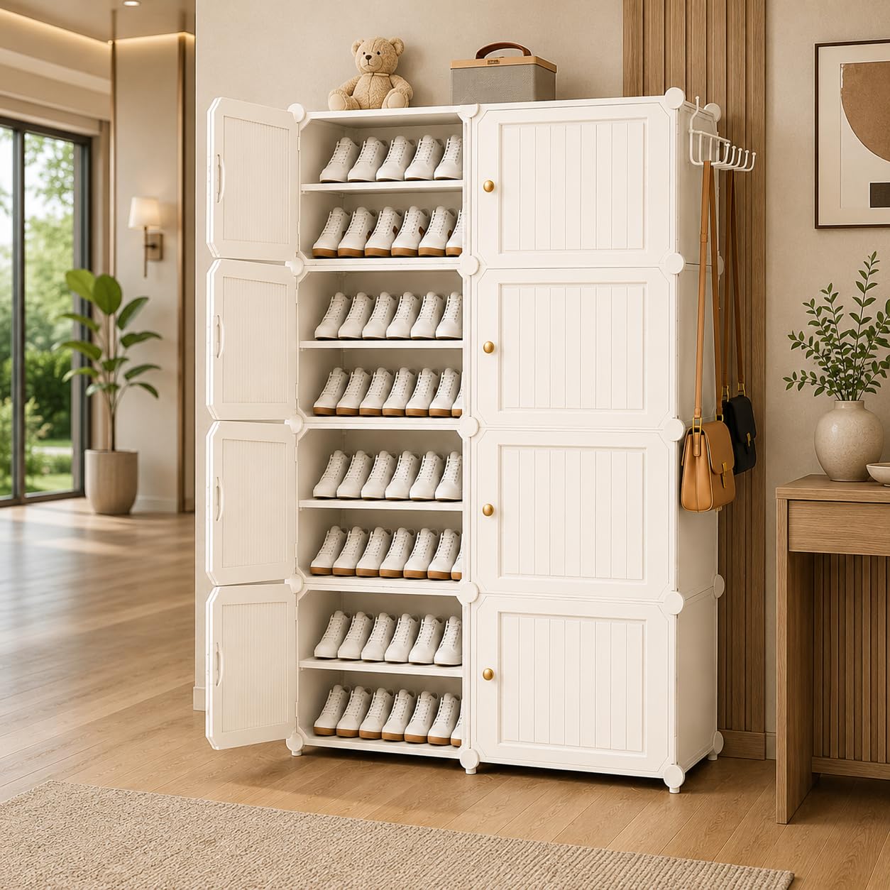 Mevigo Plastic Shoe Rack for Home with Door |16-Tier Stackable Shoe Organizer | Holds 32 Pairs |Waterproof & Dustproof | DIY Modular Shoe Cabinet |Chappal Slipper Stand for Bedroom -White-HX2