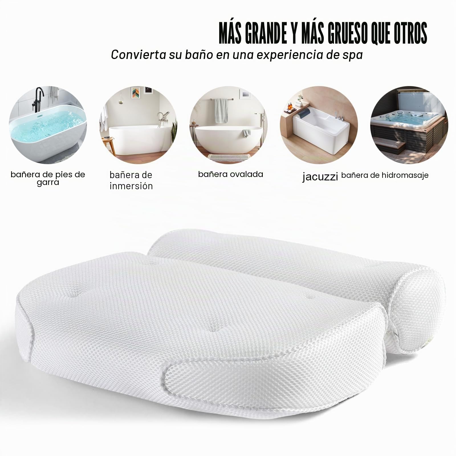 Almohada Bañera Antideslizante, Cojin Bañera con 6 Ventosas, Hidromasaje para Bañera, Suave y Confortable Almohada para SPA y Baño Relajante, Soporte para Cuello y Espalda, Blanco