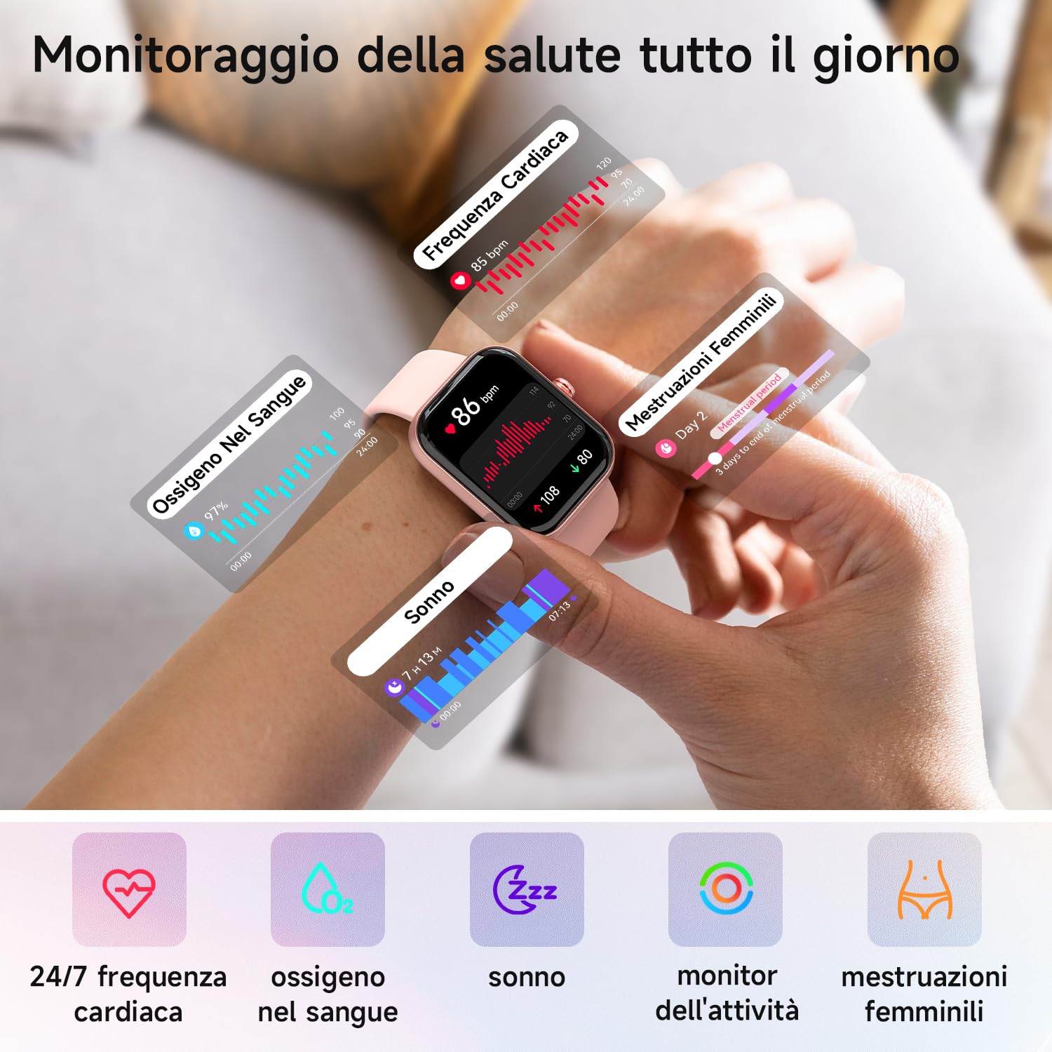 WMK Smartwatch Donna Orologio Fitness con Rispondere effettuare Chiamate Cardiofrequenzimetro Sonno Alexa AI SpO2 Contapassi-IP68 Smart watch donna con 110+ Sportive Giochi per iOS Android(Rosa)