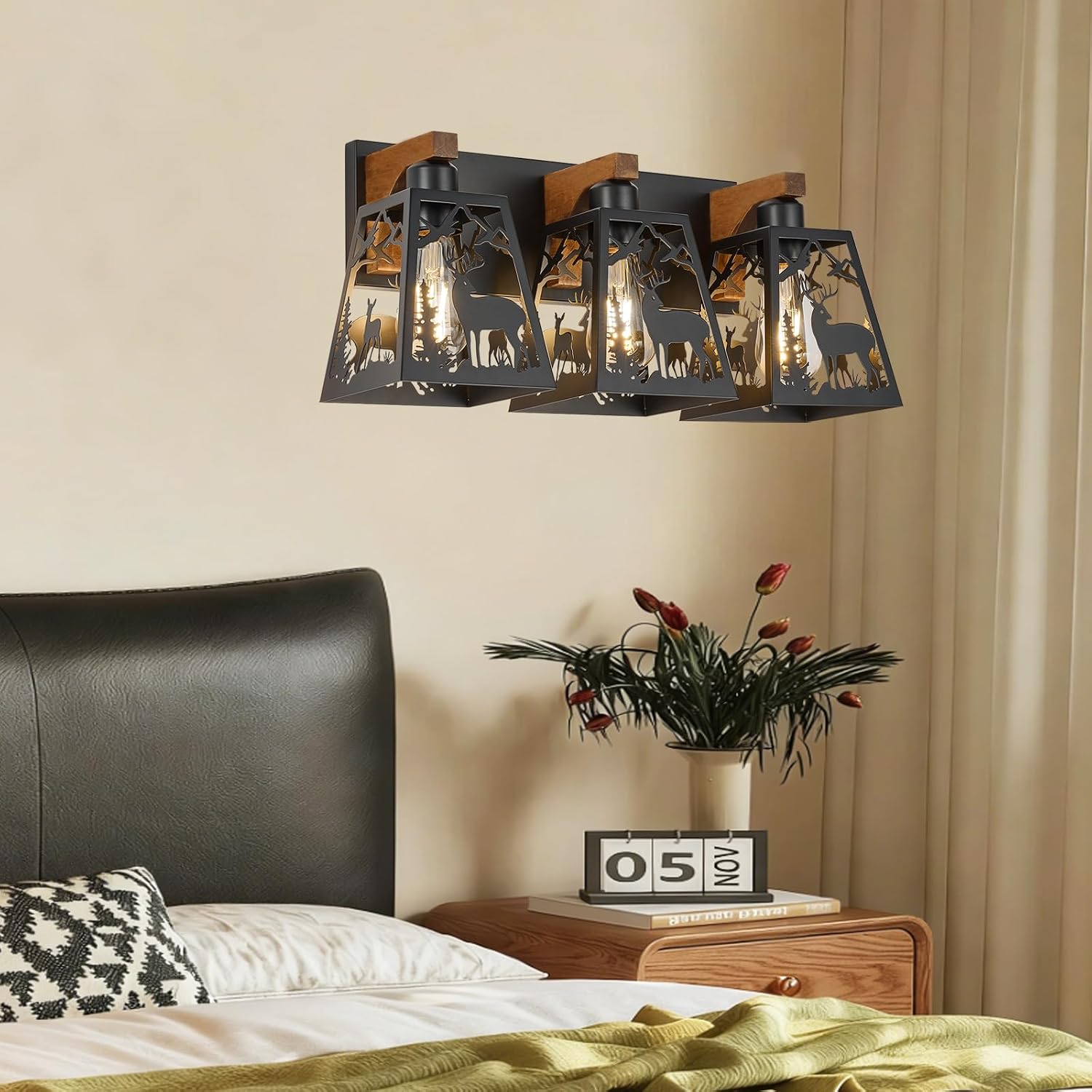 Farmhouse Rustic Deer Bathroom Light Fixtures, 3 Light Wooden Vanity Lights for Bathroom, Living Room, Bedroom, Hallway, Kitchen, Cabinet