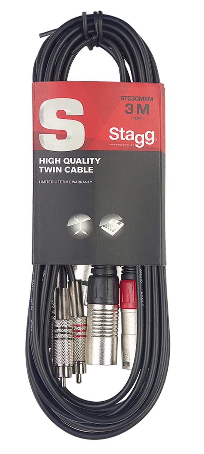Stagg STC3CMXM Male XLR to Male RCA Twin Cable, Black - 10ft.