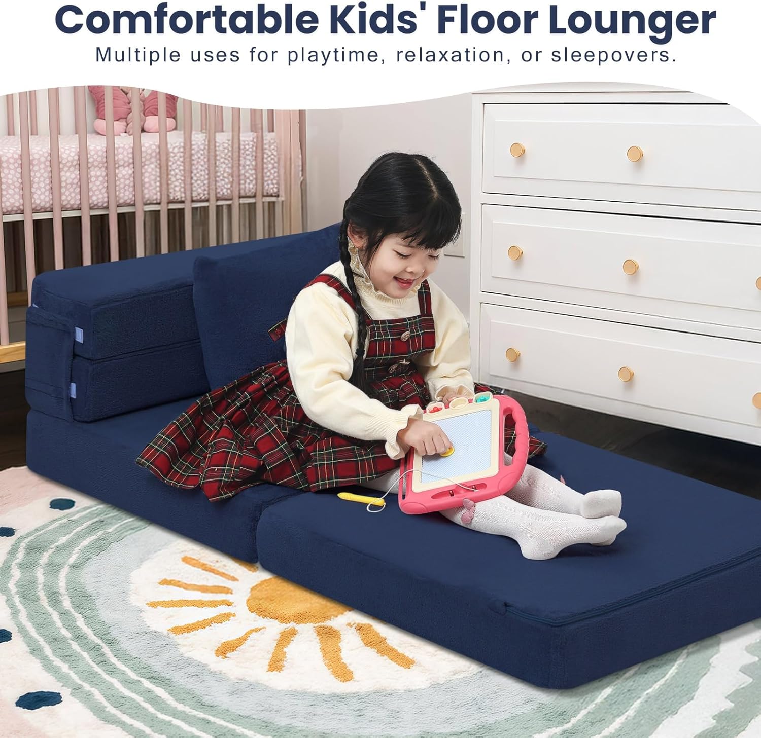 memorecool foldable futon chair bed for kids, toddler sofa mattress, convertible foam floor couch, tri-fold sleeping mattress (navy)