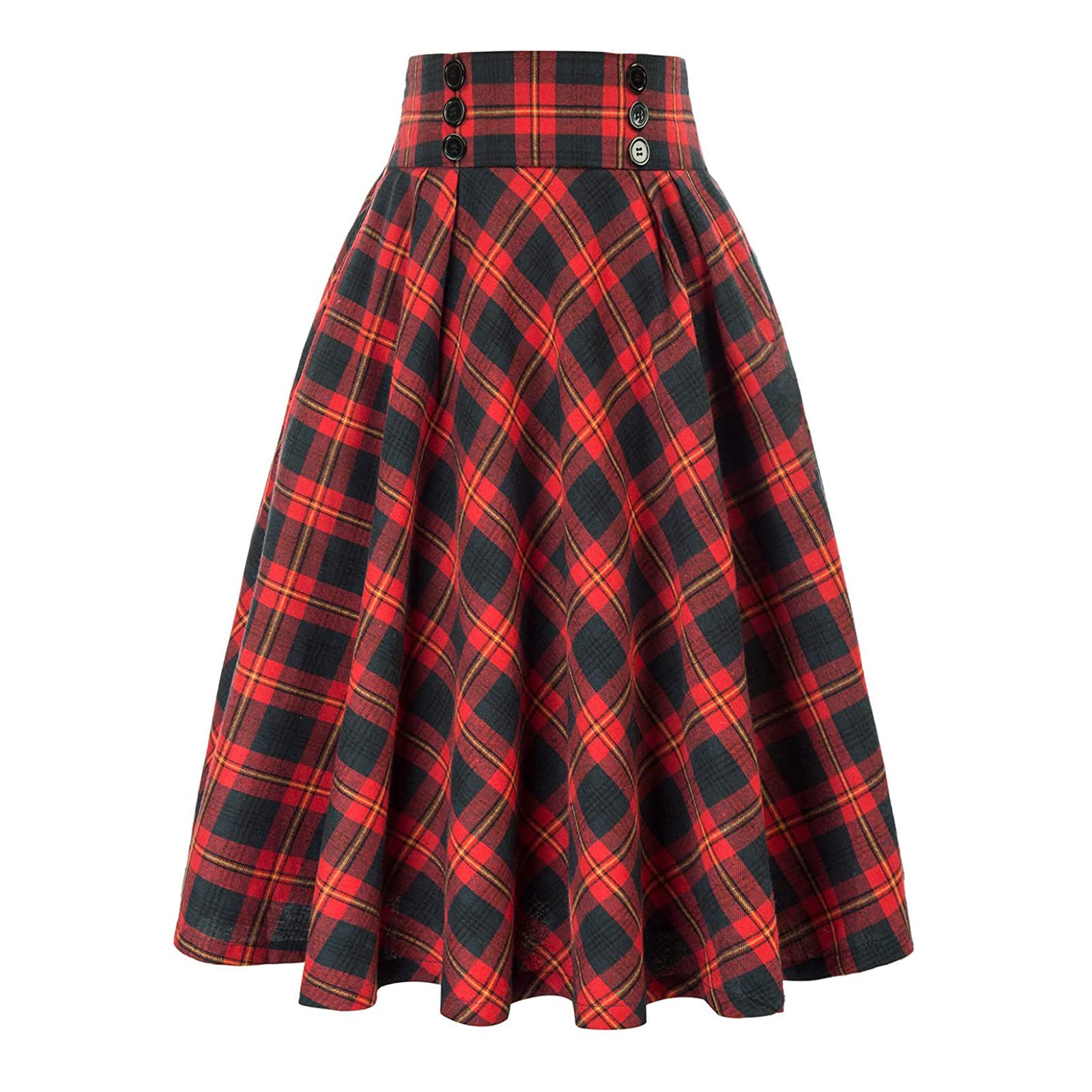 Artykey Women's Red Plaid Vintage Elegant Plaid Long Skirt High Waist Elastic Waist A-Line Midi Pleated Skirt Swing Skirt Xxl