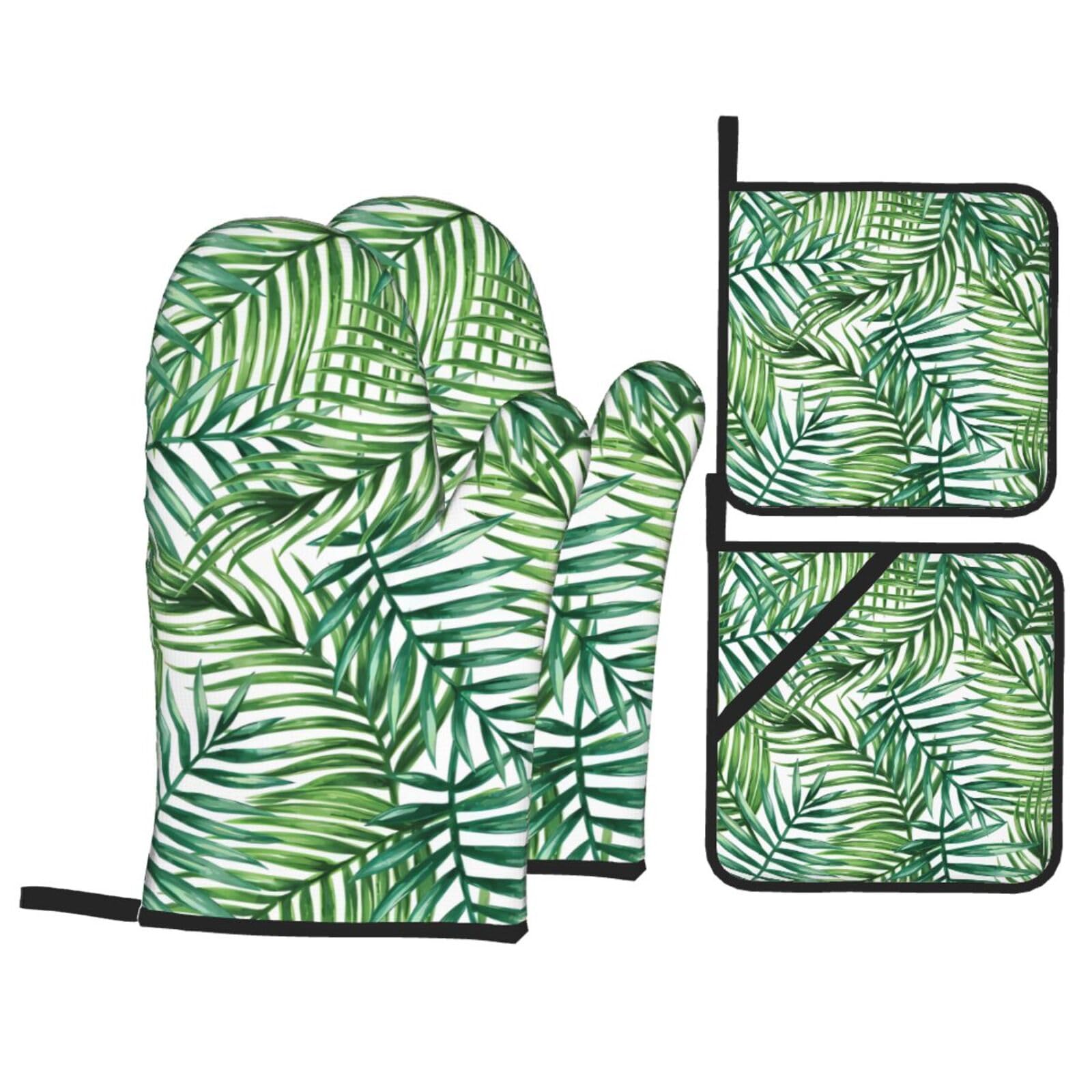HJFCZH Tropical Palm Tree Leaves Watercolor Prints Kitchen Throw Set: Durable Oven Layers with Waterproof Polyester – 4 Piece Heat Protection System