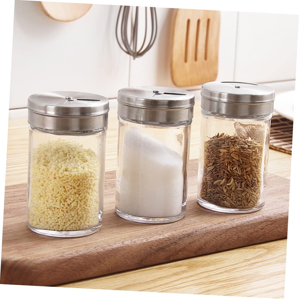 3Pcs Glass Seasoning Bottles with Stainless Steel Salt Pepper Shaker Set