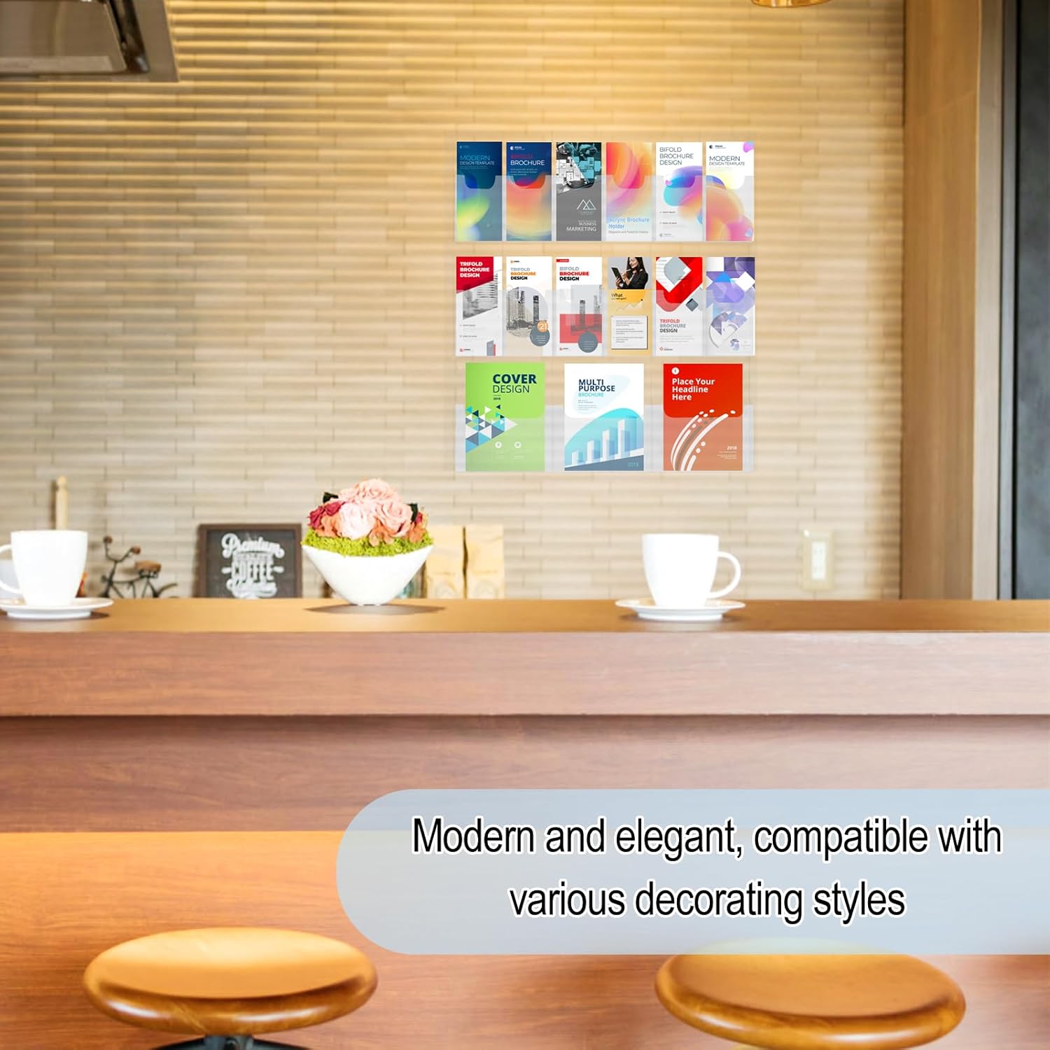 Acrylic Brochure Holder Wall Mount, Magazine and Pamphlet Display, Clear Literature Organizer Rack for 12 Pamphlets and 3 Magazines, Flyer Pamphlet Holder with Business Card Holders and Index Tabs