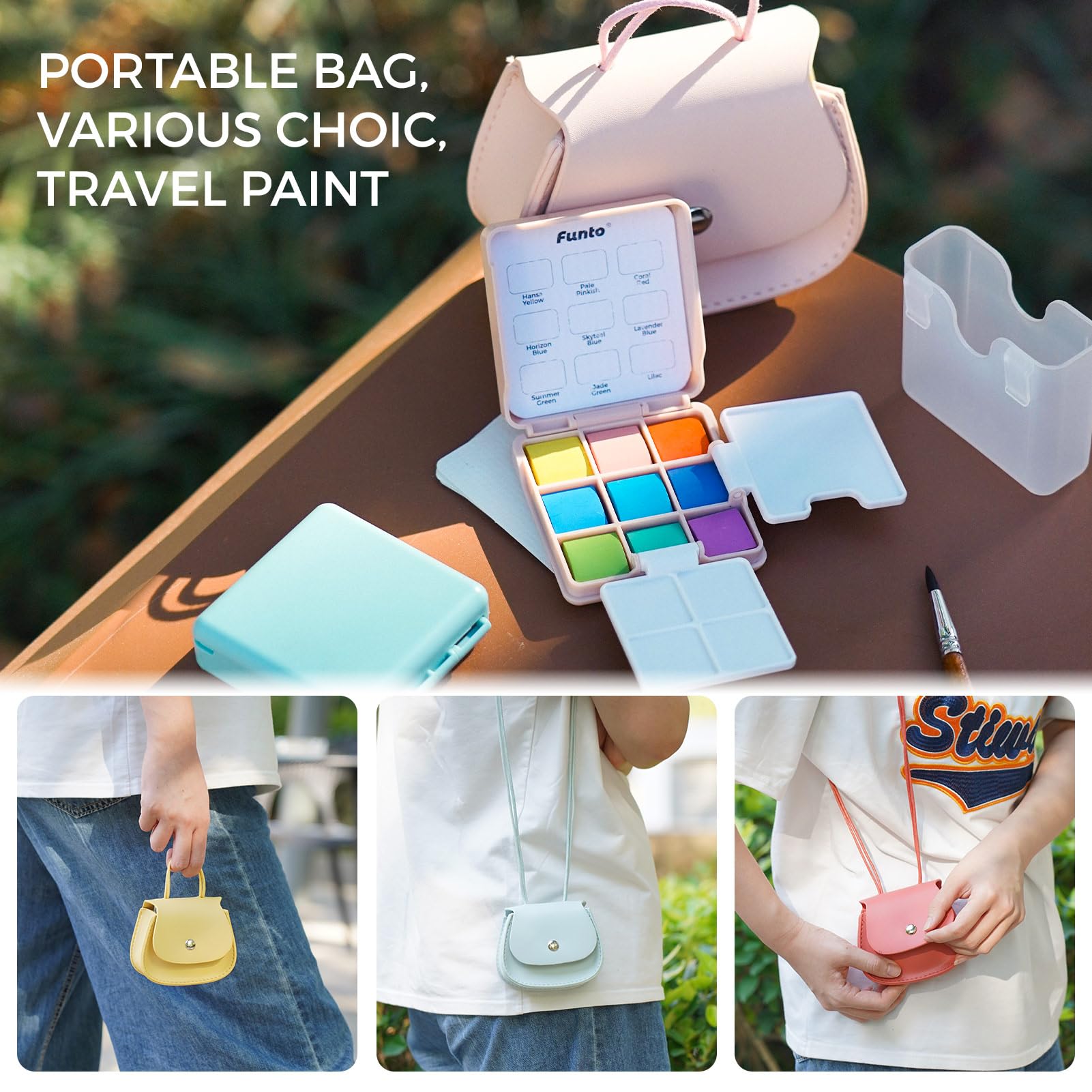 Funto-Taschen-Wasserfarben-Set, Reise-Mal-Kit mit 9 Farben, Leder-Schultertasche, Farbwasserbecher,2 faltbare Paletten und Mini-Wasserfarbenseiten