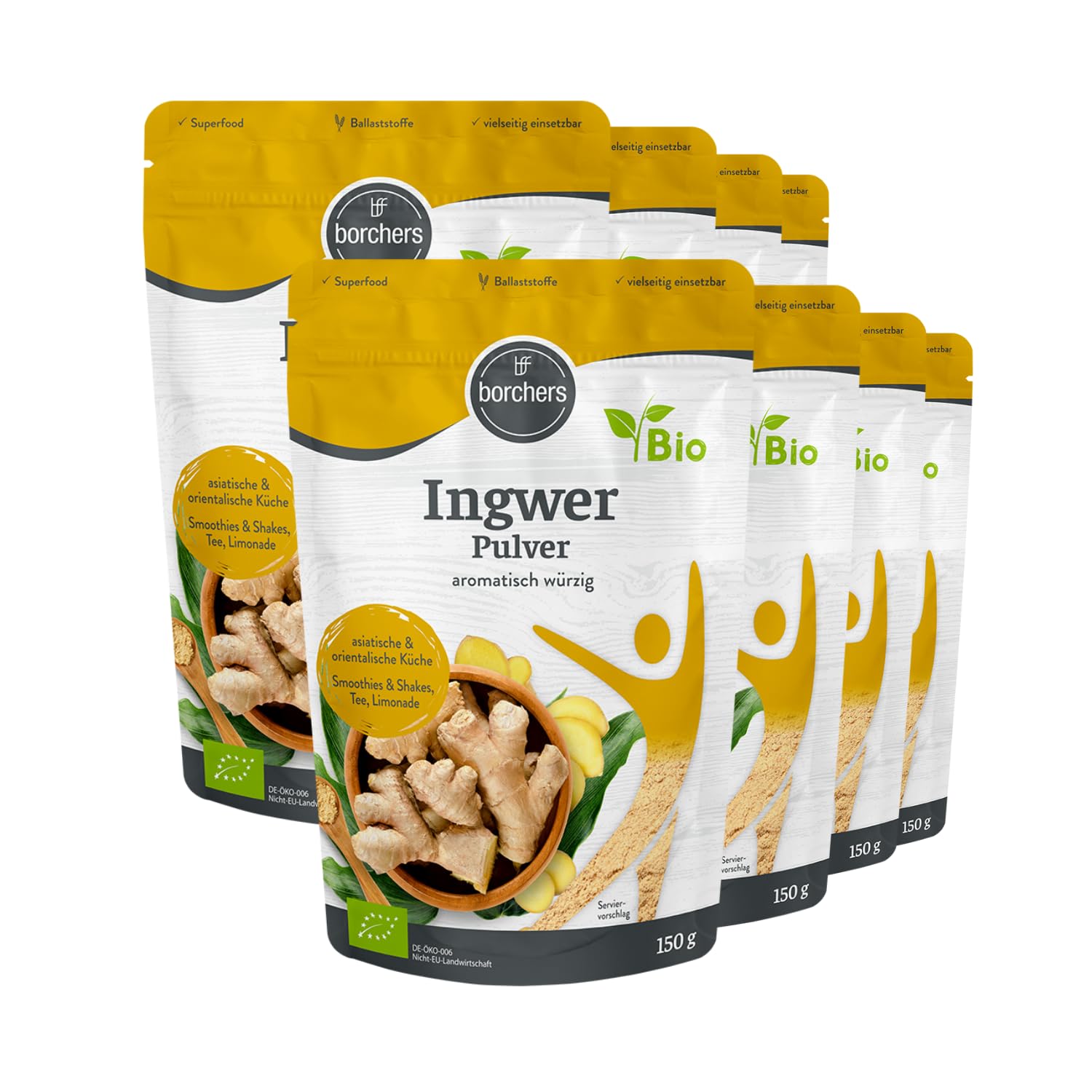 borchers 8x Bio Ingwerpulver | 8x 150g | gemahlen | Ingwer | Reich an Vitamin B6 | 1,2 kg