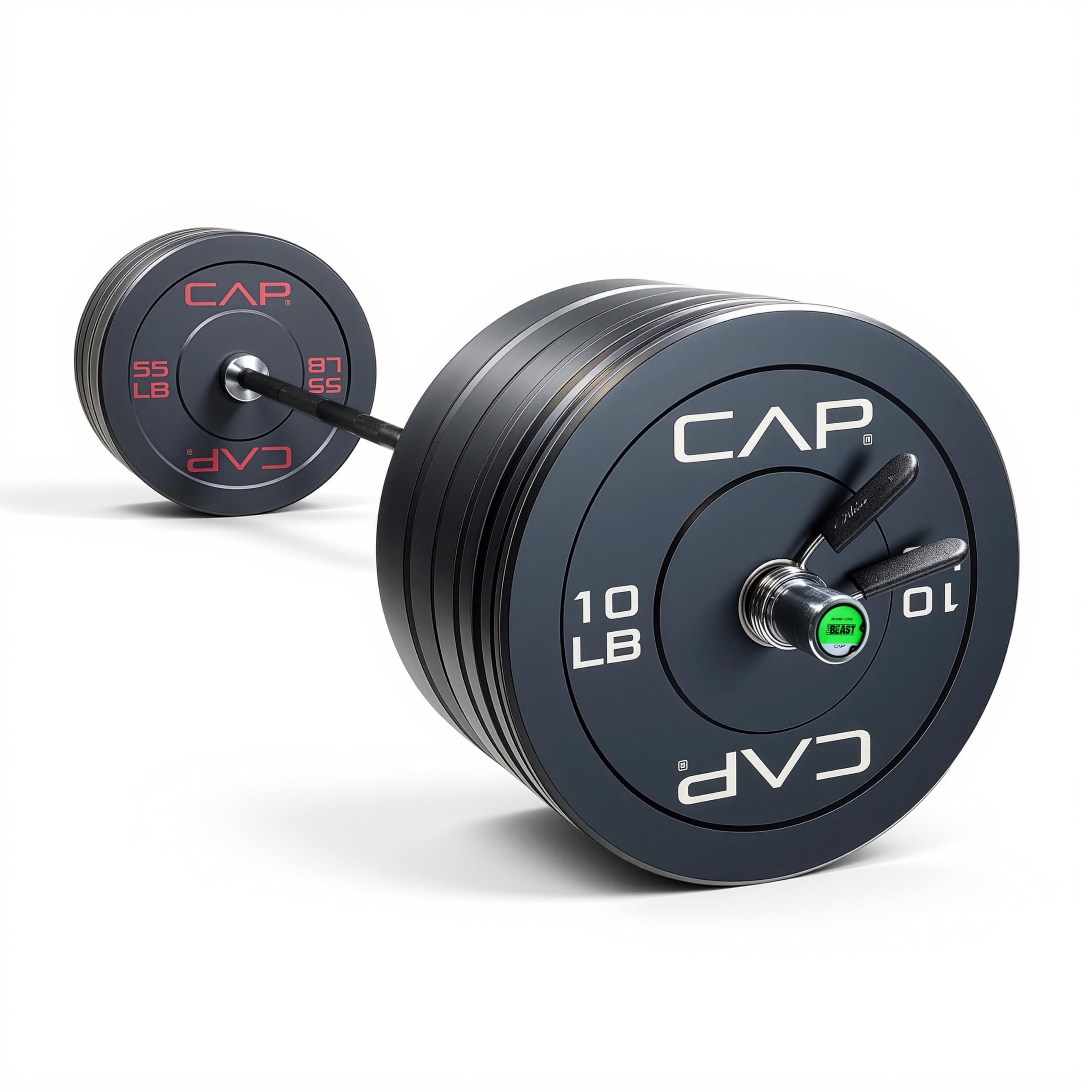 CAP Barbell 370 lb Economy Olympic Weight Set with 7ft Black/Chrome Barbell &amp; Black Bumper Plates with Color Logo