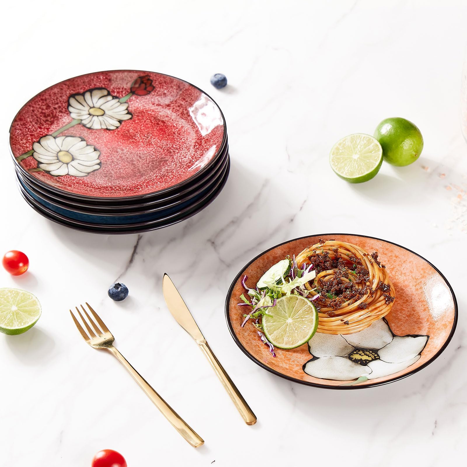 Keramik-Salatteller-Set, 21,6 cm, 6 Stück, für Steak, Salat, Nudeln, Vorspeisen, Servieren usw., spülmaschinen-, mikrowellen- und ofenfest, kratzfest, glatte Glasur (Mehrfarbig A, 21,6 cm)