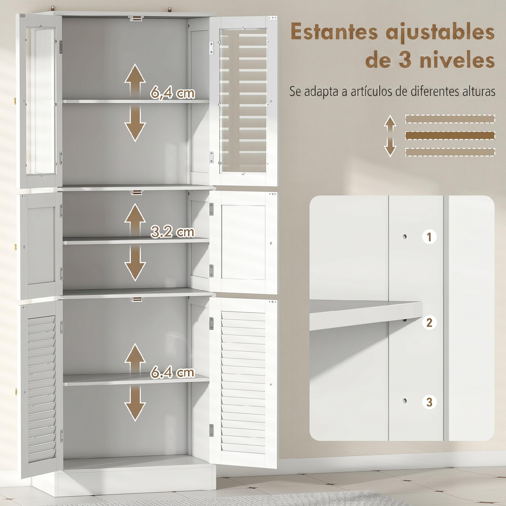 HOMCOM Armario de Baño Alto con Baldas, Puertas Vidrio, 60x30x170cm Blanco | Columna de Baño Estrecha, Puertas de Lamas