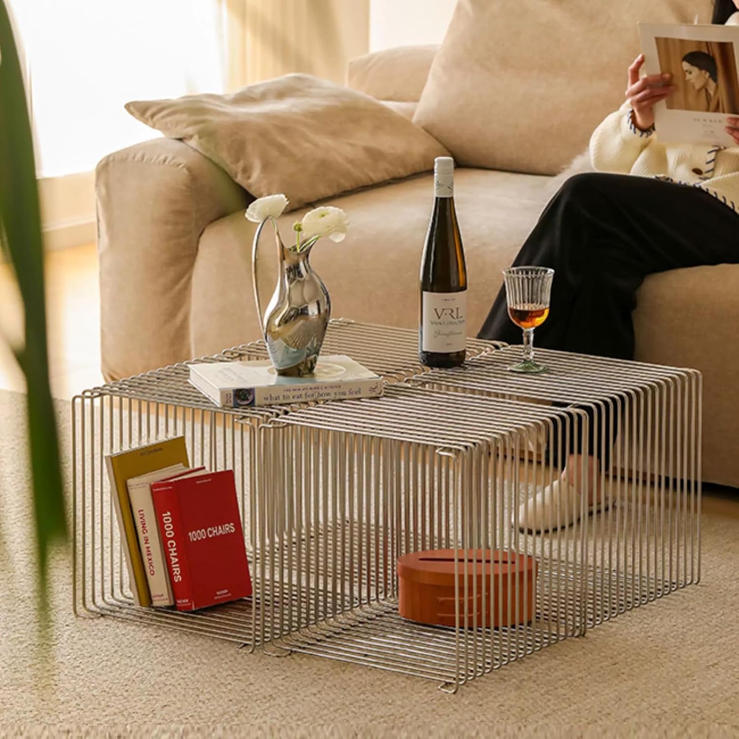 Square Geometry Retro Side Table Linear Metal End Table, 304 Stainless Steel Side Table，Wire Cube Storage Rack, Book Stackable, Stainless Steel Coffee Table，Multi-Purpose Accent Table