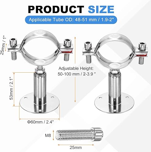 Miniatura 2 de HARFINGTON 2 Set Wall Mount Ceiling Mount Pipe Supports 304 Stainless Steel Adjustable Pipe Bracket Clamp with Screw for OD Pipe 1.9"-2" (48-51mm)