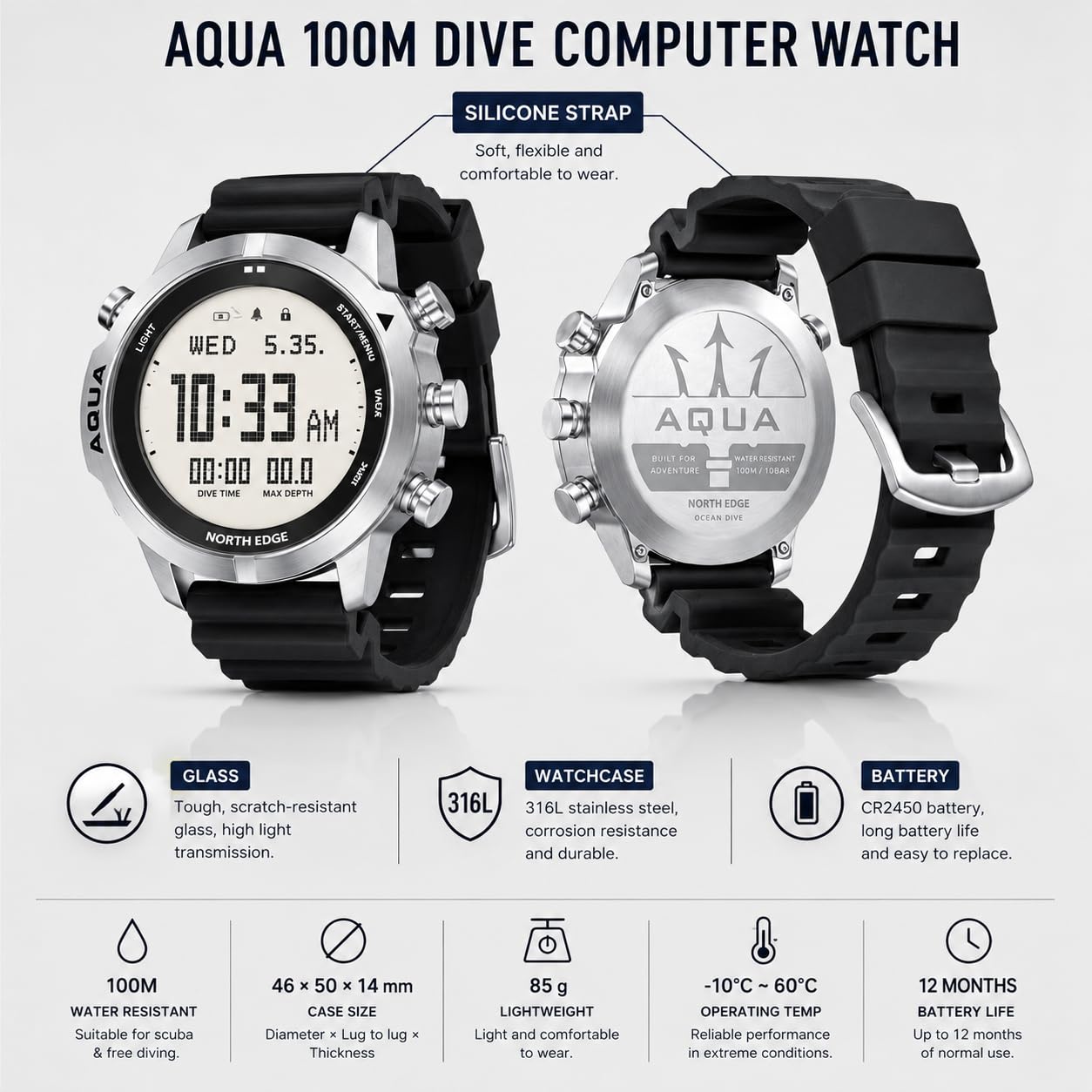NORTH EDGE Aqua Montre d'ordinateur de plongée Professionnelle pour Homme Plongée sous-Marine 50M Montres de plongée avec Journal de plongée Altimètre Baromètre Boussole