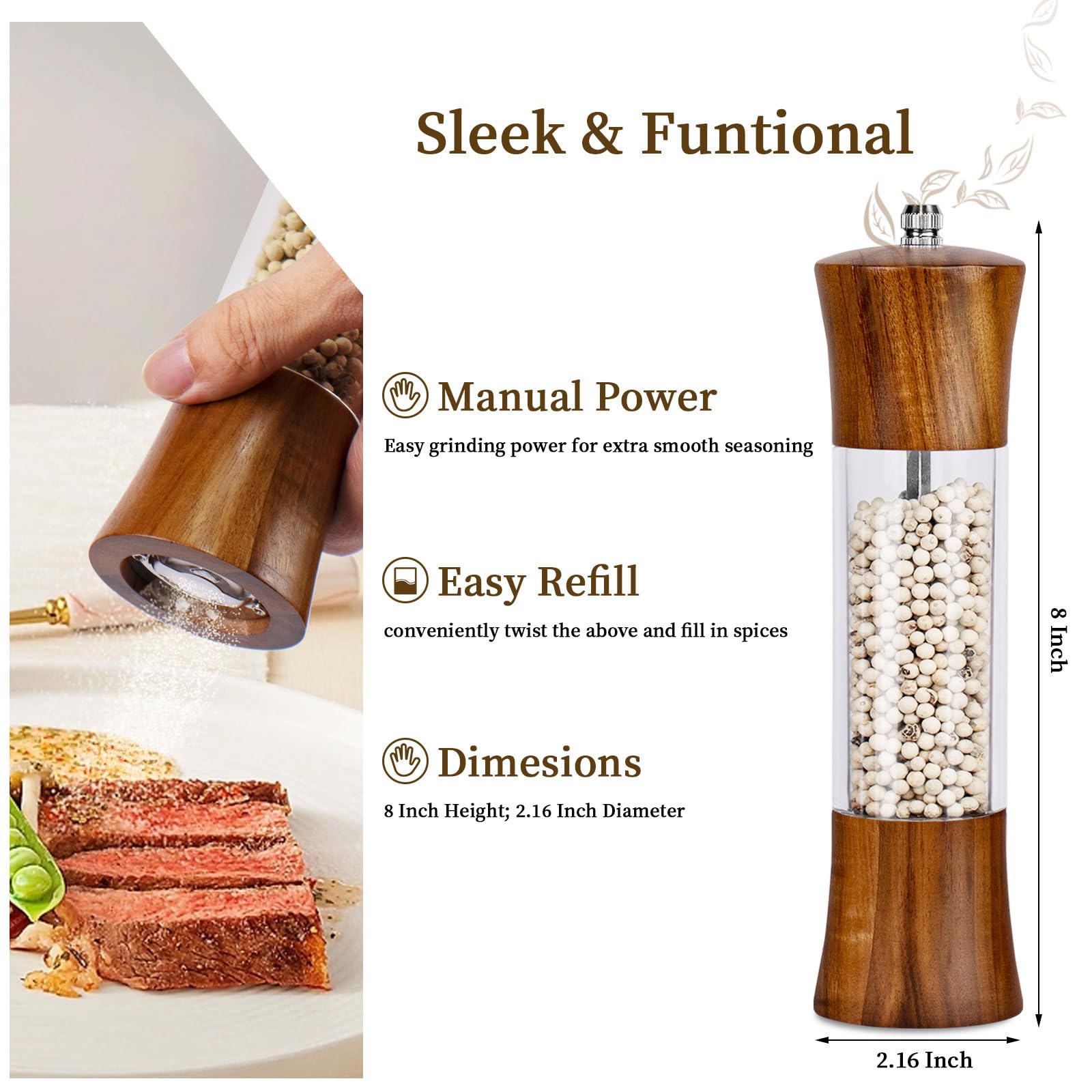 Acacia Wood Salt & Pepper Grinder Set - Premium Quality -2