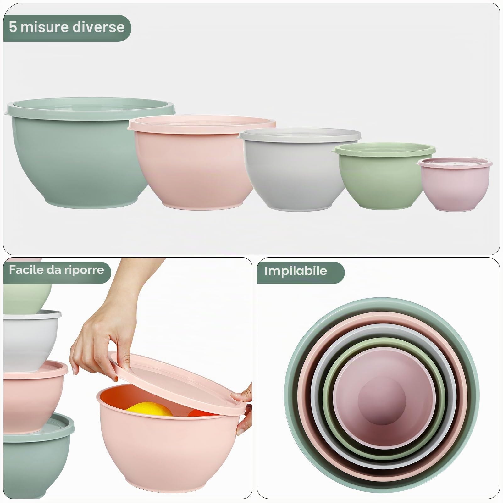 Greentainer Set di 5 ciotole in plastica con coperchi, per cucinare, preparare, cucinare e servire alimenti, lavabili in lavastoviglie, adatte al microonde, per mescolare e servire (grigio e rosa)