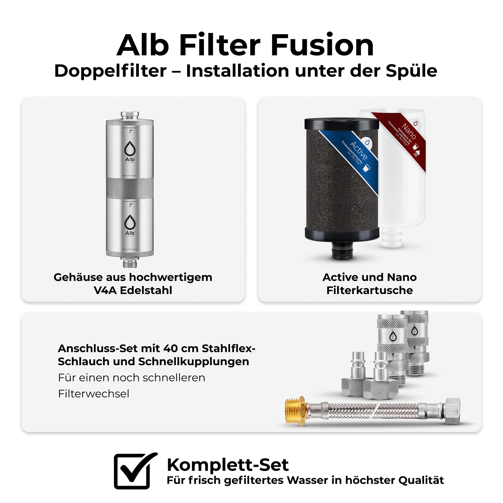 Alb Filter UNTERTISCH FUSION Wasserfilter Küche | Zweistufig gegen Schadstoffe & Keime bis 0,1 µm, Untertischfilter Küche, Anschluss-Set Schnellkupplung, Made in Germany