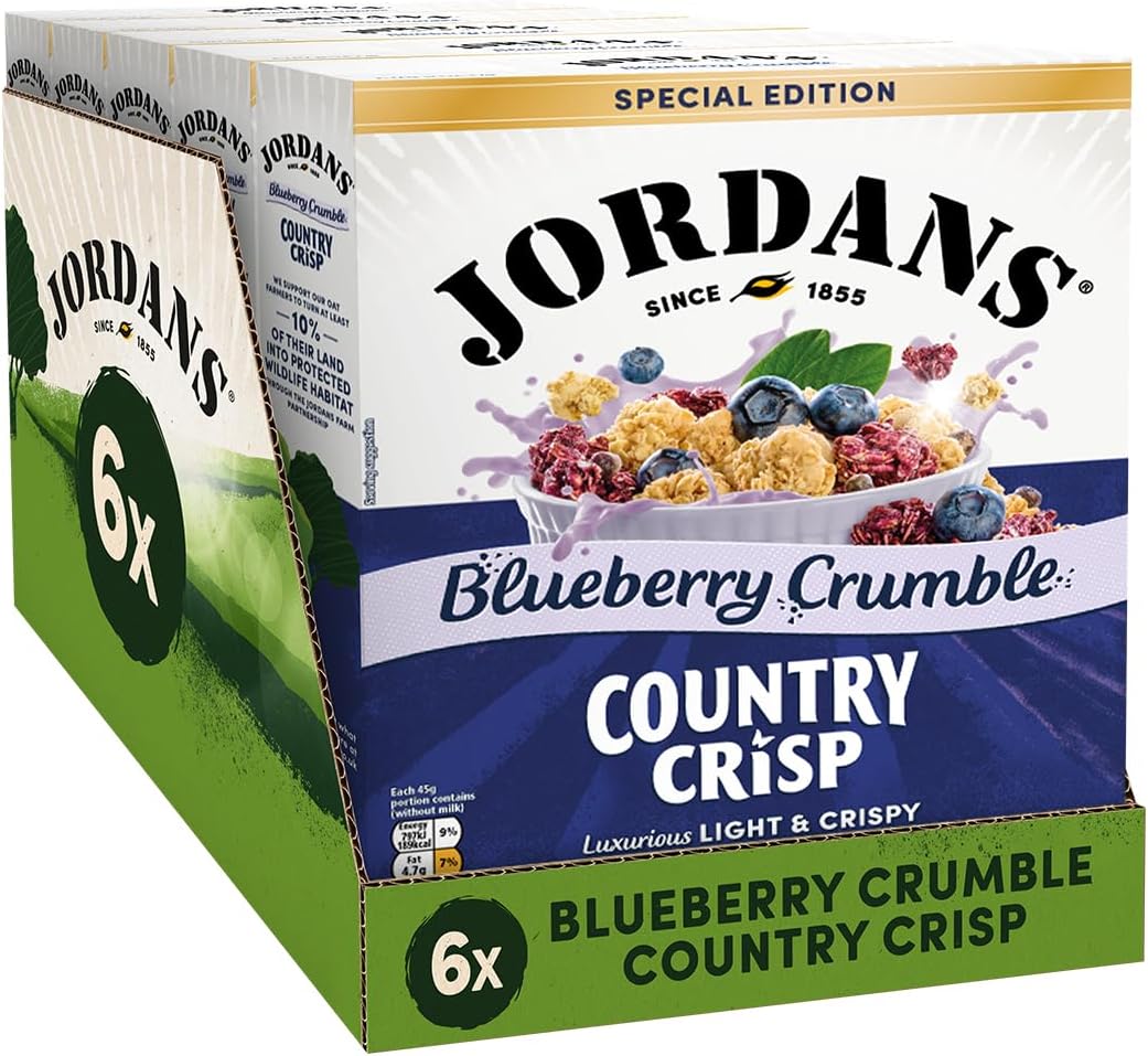 Jordans Country Crisp Blueberry Crumble Breakfast Cereal - Oat and Barley Clusters with Blueberry Crumble - No Artificial Flavours or Preservatives - British Baked Cereal - 450g (Pack of 6 x 450g)