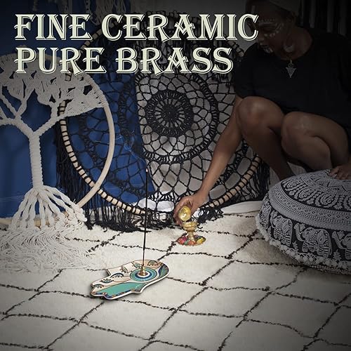 Miniatura 5 de Soporte de incienso de mano Hamsa de cerámica  Soporte de incienso de latón 2 en 1 para varillas e incienso de bobina  Decoración Zen con mano de