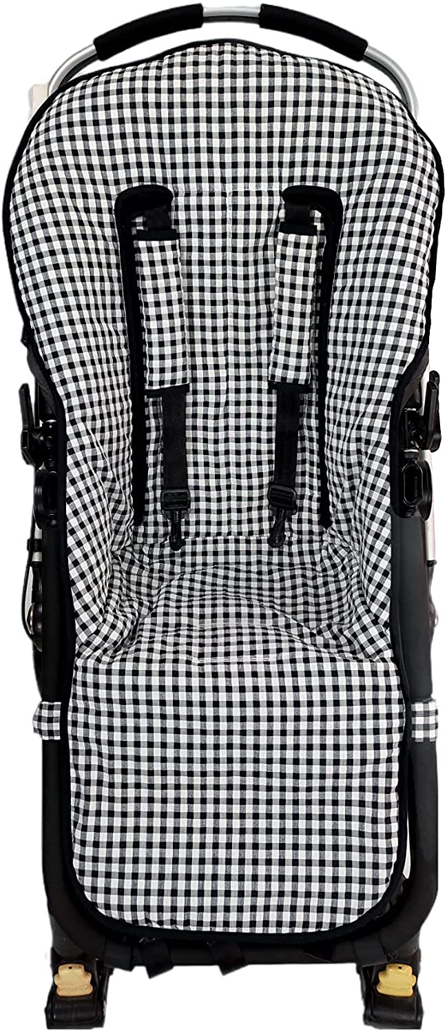Colchoneta o funda compatible con Bugaboo Camaleon, Buffalo, Fox + Protector de arneses. (Rejilla 3D, Vichy negro)