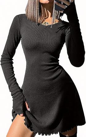 RANPHEE Womens Spring Fashion Long Sleeve Casual Mini Dress V Neck Stretchy Tie Back Cinched Waist Club Party Dresses