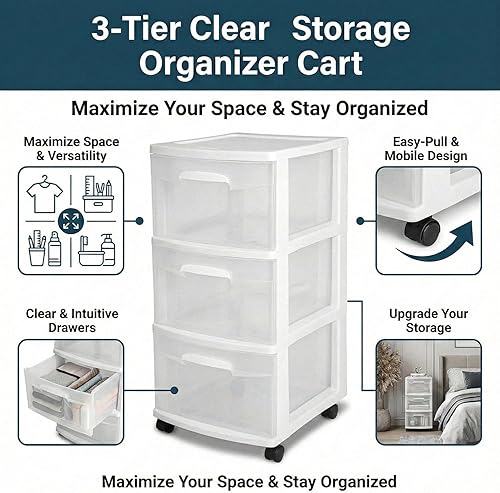 Miniatura 6 de Carrito de cajón de almacenamiento de plástico, color sólido, blanco, mediano, para organización del hogar, con 3 cajones grandes, ruedas