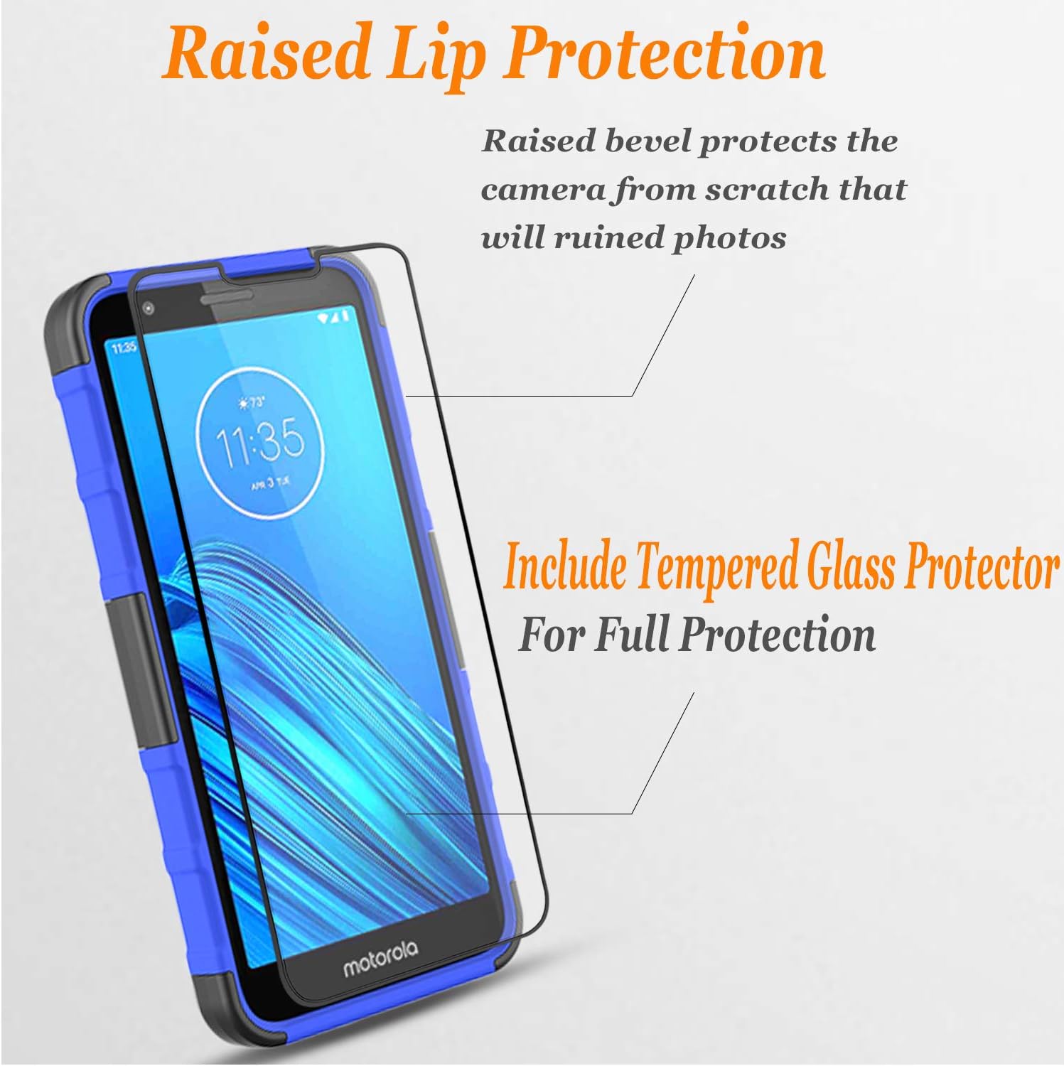 Moto E6 Phone Case, Circlemalls- Motorola Moto E6 Case, [Not Fit Moto E6S/E6 Play] With [Tempered Glass Screen Protector Included], Armor Heavy Duty Kickstand Cover With Belt Clip Holster - Blue