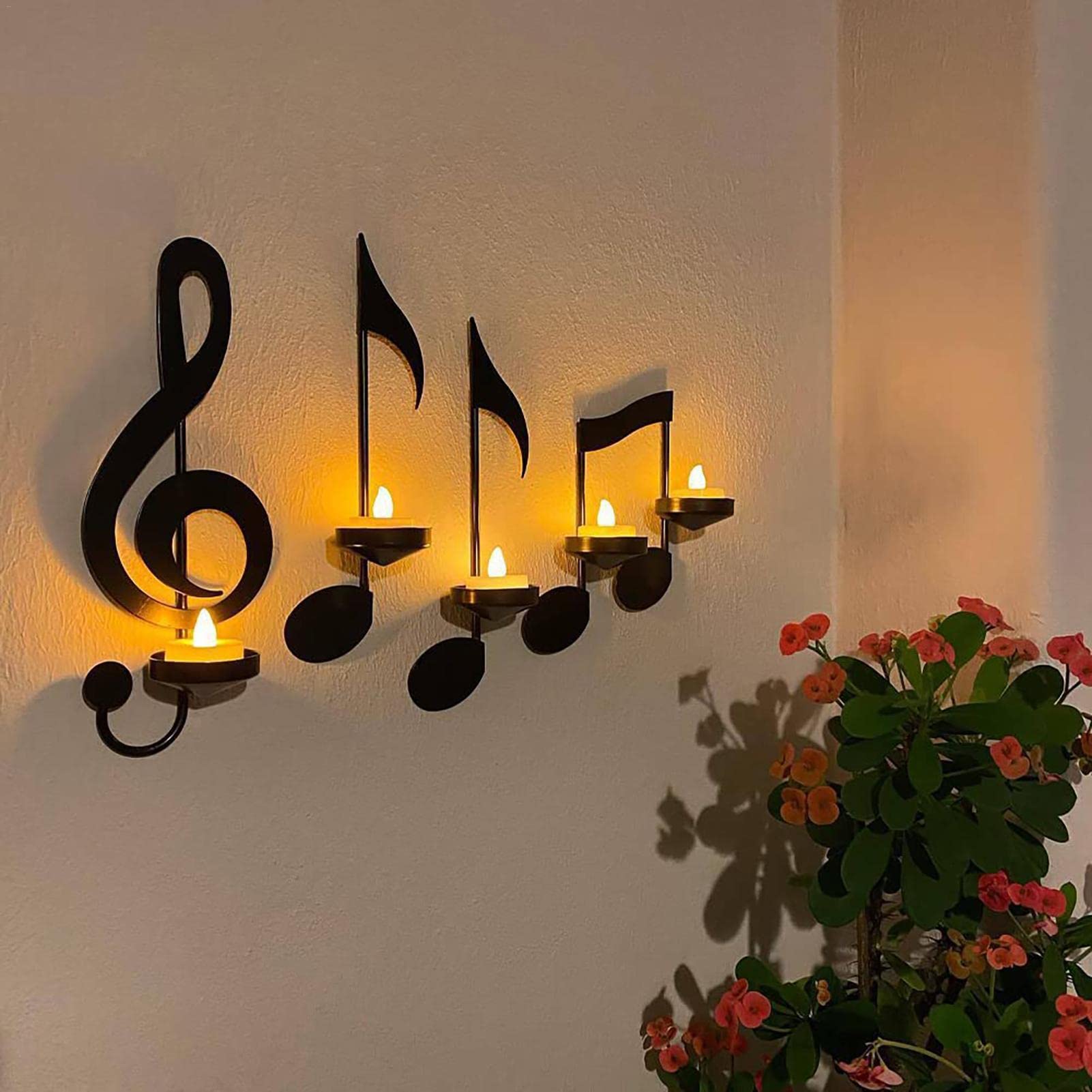 4 Music Note Candle Holder, Black Music Note Wall Sconce Iron Candle Holder Decorations, Tea Light Candle Rack, Hanging Wall Signs Music Theme Wall Decors For Home, Classroom