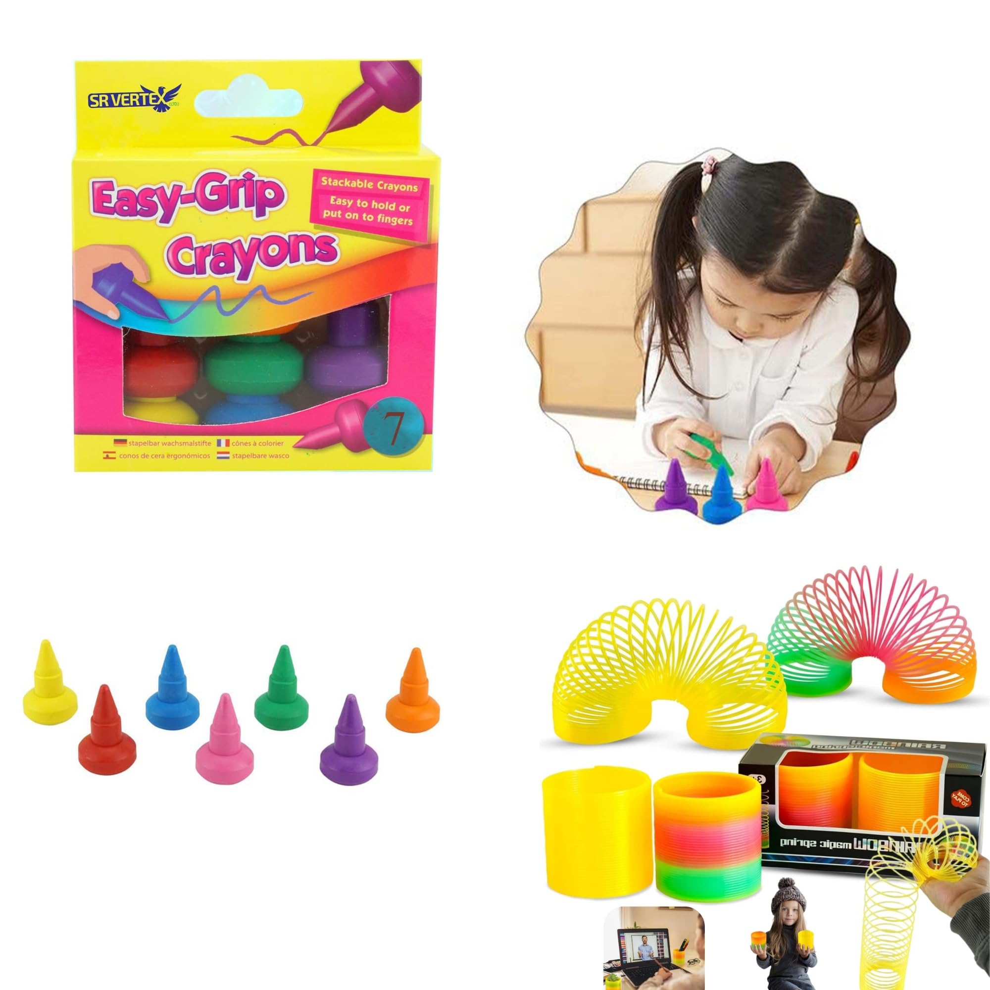 SRV Hub 14 Pack Easy Grip Crayons & 2 Rainbow Spring Toys Bundle – Non-Toxic Washable Art Set & Sensory Fidget Toy, Party Bag Fillers, Back to School, Gift for Boys & Girls Ages 3+