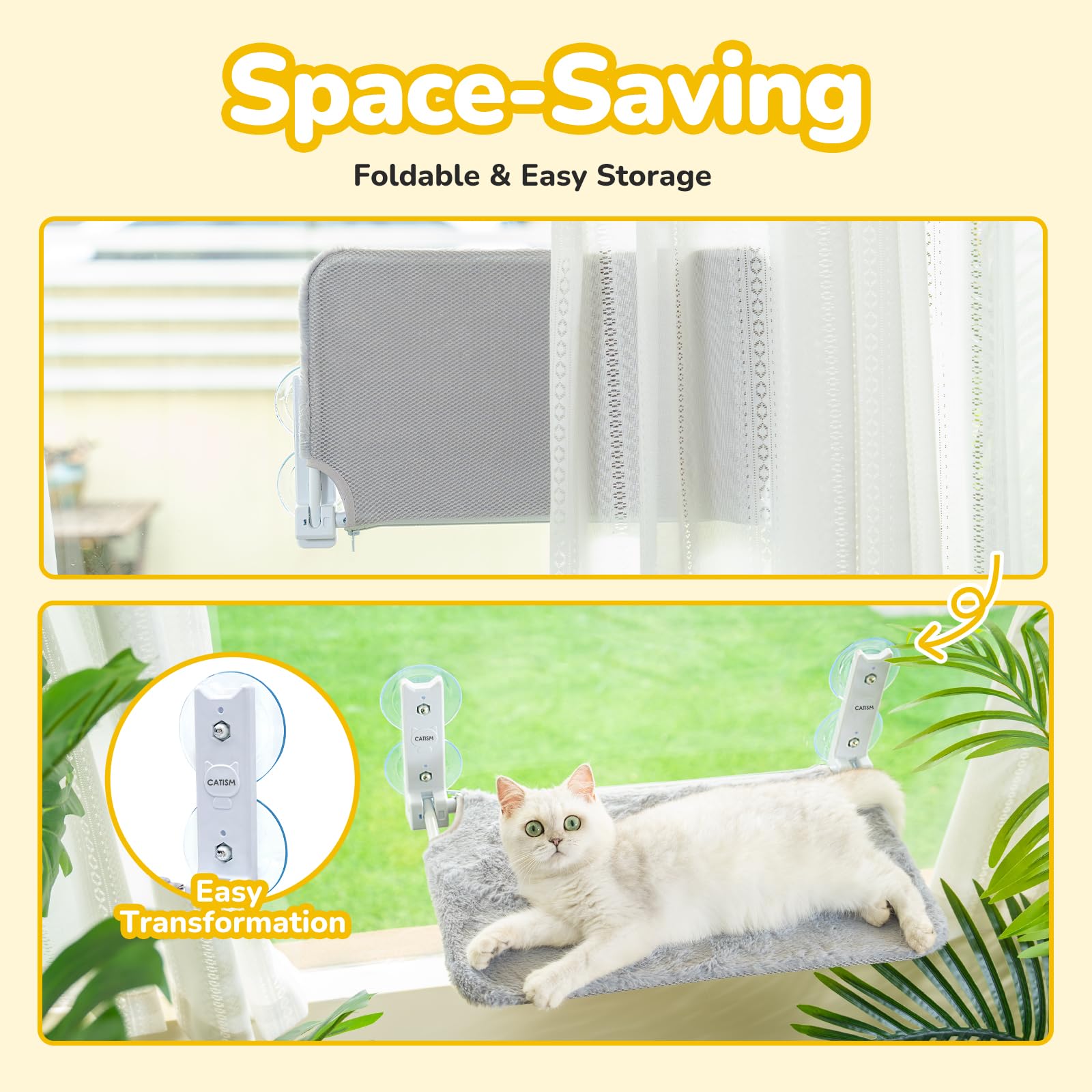 CATISM Plegable Hamaca Gato Ventana de hasta 20 kg, Hamaca para Gatos Reforzada con Ventosa Fuerte, Almohadilla de Tela Lavable de Doble Cara, Saco de Dormir para Gatos (52 x 30 cm), Gris