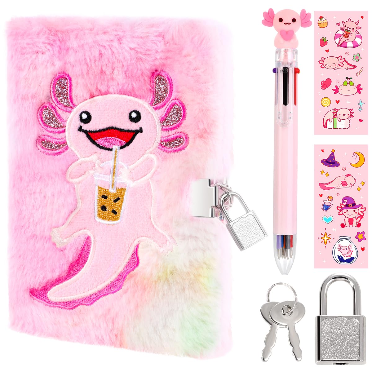 PrinBarBee Axolotl Diary For Girls With Lock And Keys, Girls Fuzzy Notebook Gift Set For Writing And Drawing