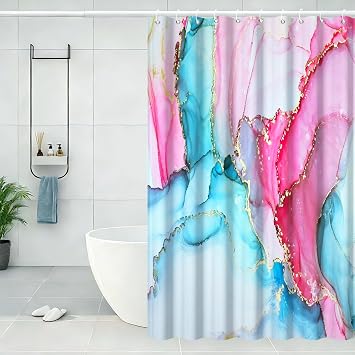 Pink Shower Curtain, Blue Marble Fabric Shower Curtains for Bathroom Room Divider 60x72inches Abstract Modern Ink Art Decor Waterproof Shower Curtain Set with Hooks