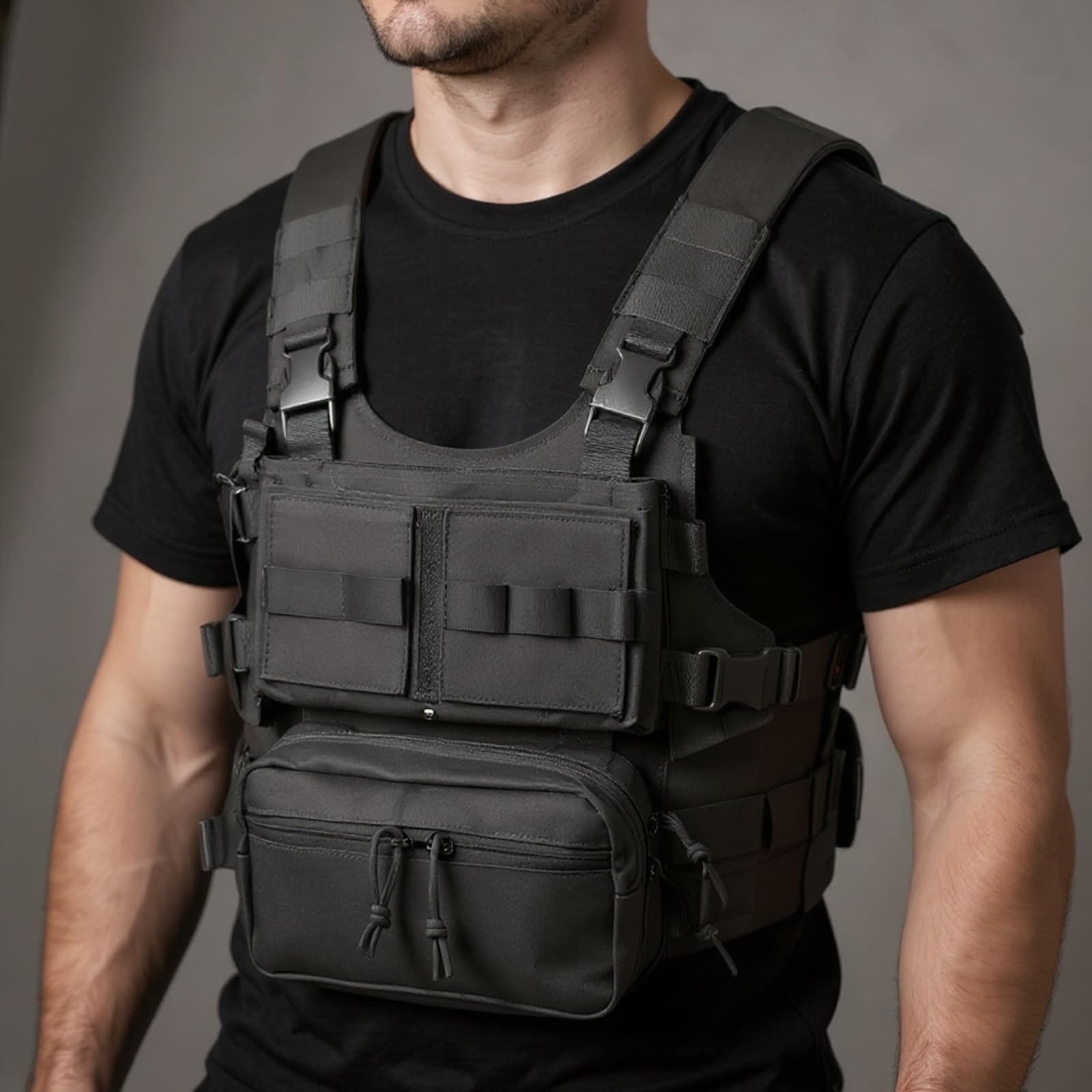 MK3 Armed Chest Rig, lekka kamizelka nylonowa 1000D, regulowane paski na ramię, modułowa konstrukcja, wiele kieszeni, wodoodporna, czarna