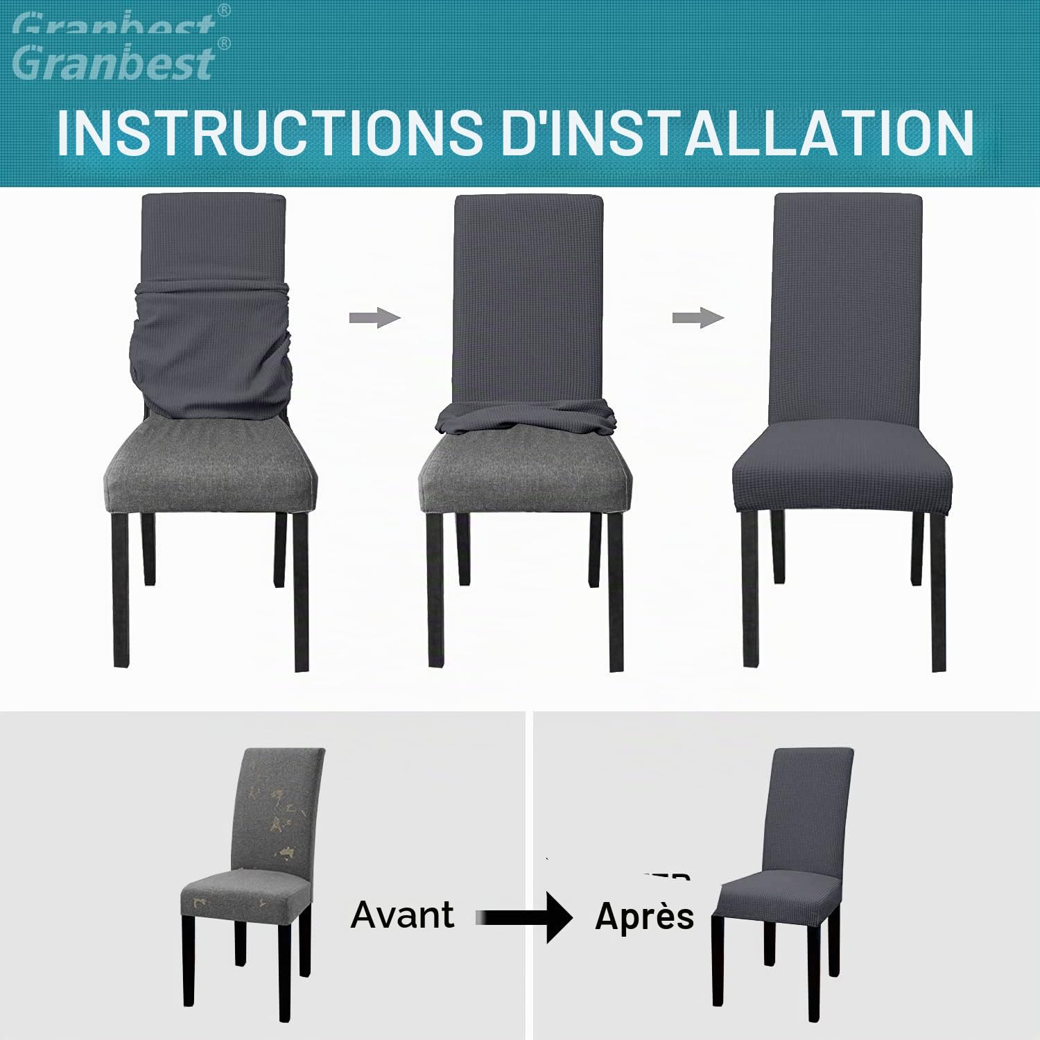 Granbest Lot de 4 Housses de Chaise de Salle à Manger Imperméables, Protection Amovible, Gris