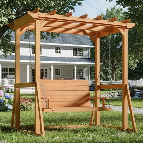 PIAOMTIEE Cedar Wood Pergola Swing with Stand, 2 Person Outdoor Patio Swing Bench with Trellis Top, 500 LBS Heavy Duty Porch Swing Chair, Natural Cedar Porch Swing for Backyard Garden Deck