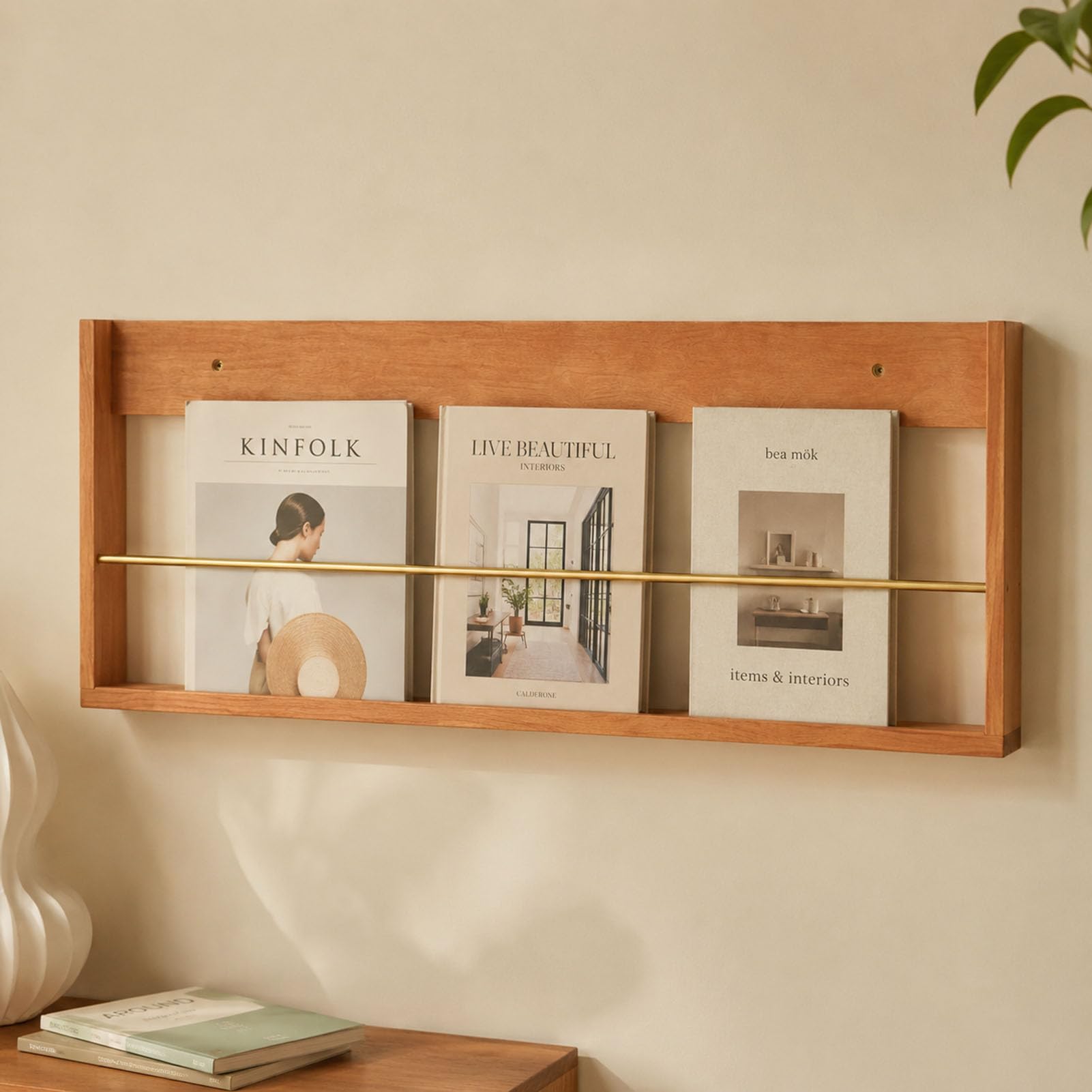 Zeitschriftenhalter Wand aus Holz und Metall für Bücher und Post | Platzsparender Literatur Organizer 60 oder 90 cm breit Kirschbaumfarben Walnussfarben Zeitungen Akten Kataloge Büro Flur