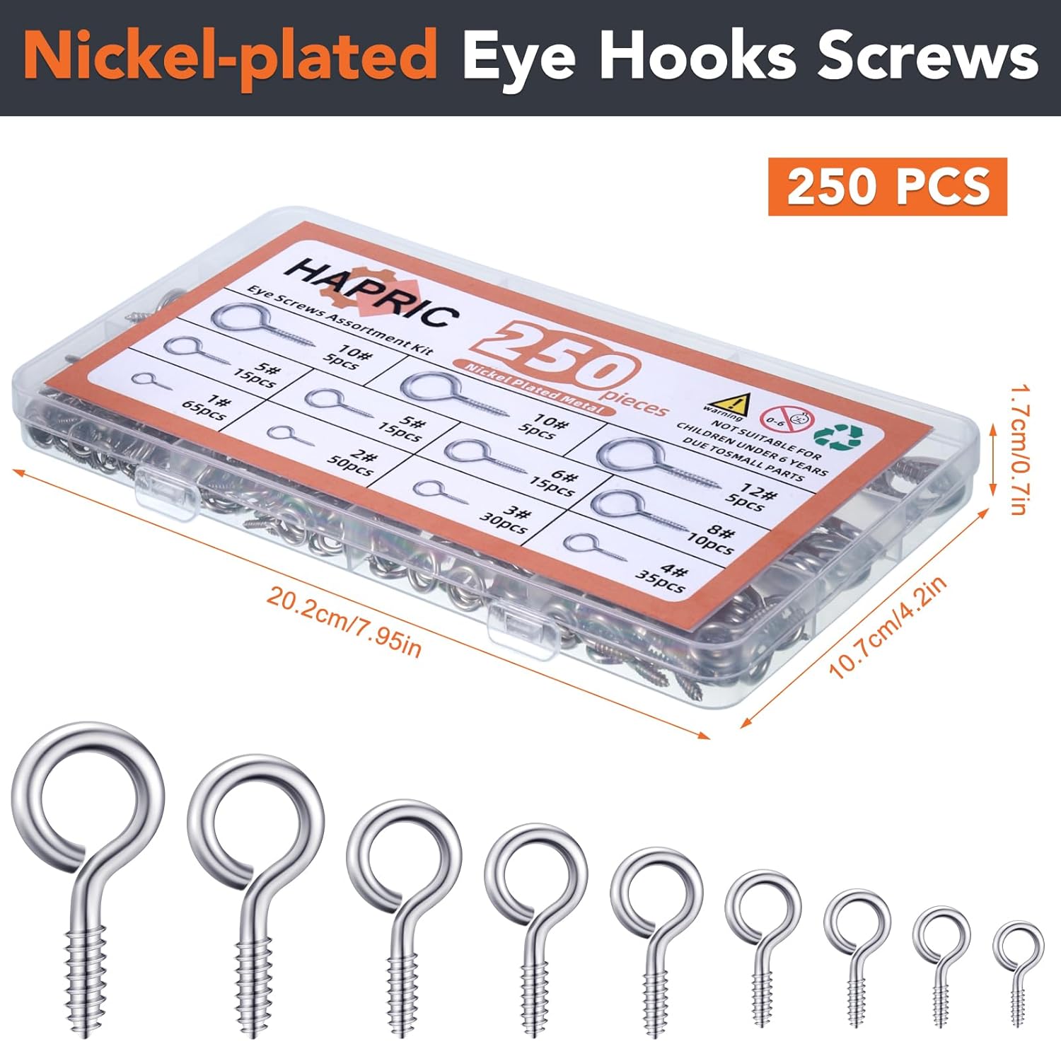 250 Pcs Eye Hook Screw, Screw Eyes 0.75-1.75 Christmas Tree Stand Screws Eye Bolts 9 Size Heavy Duty Eyelet Screw Nickel Plated Self Tapping Screws for Picture Frame