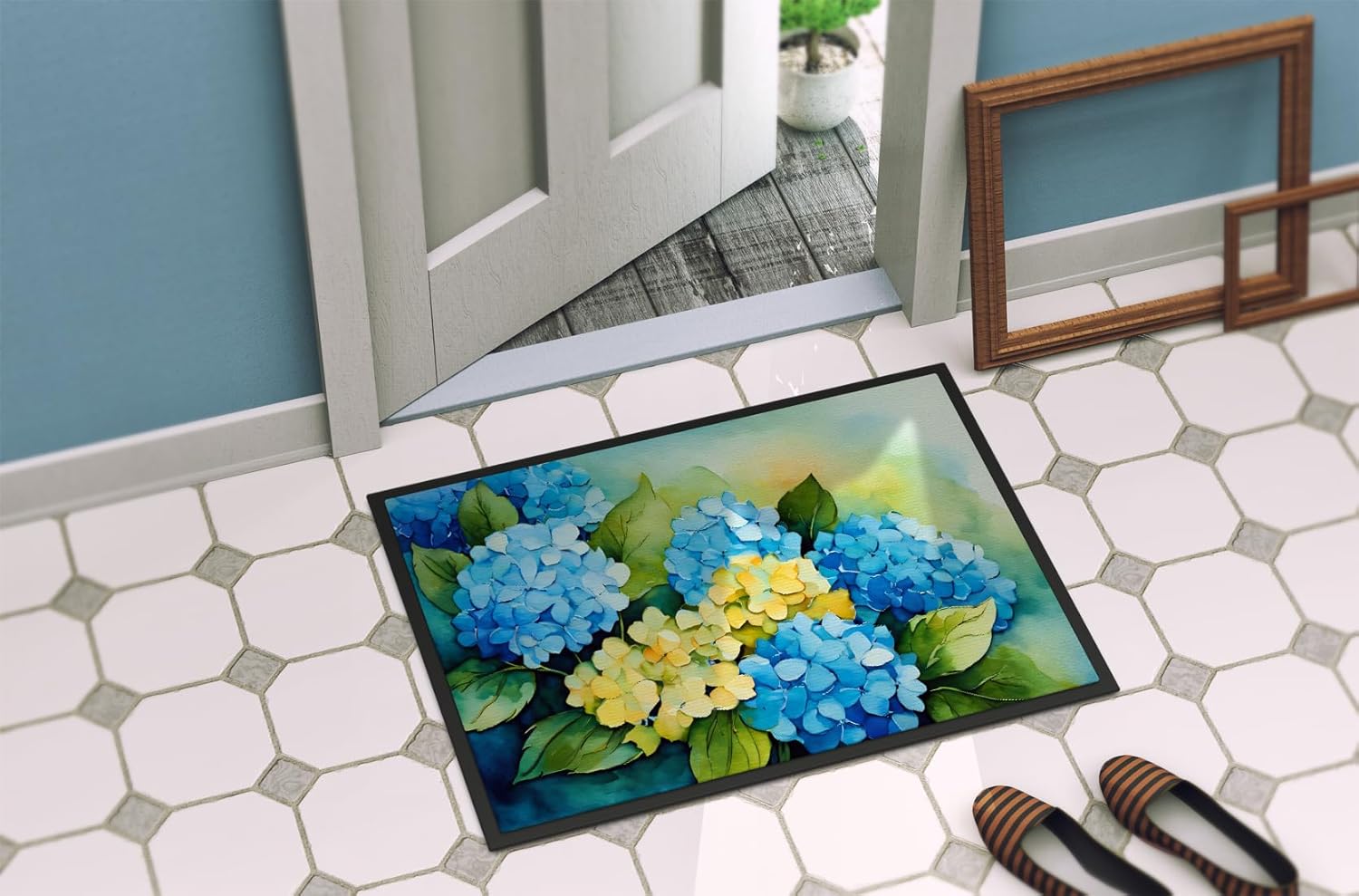 Caroline's Treasures DAC1578MAT Hydrangeas in Watercolor Doormat 18x27 Front Door Mat Indoor Outdoor Rugs for Entryway, Non Slip Washable Low Pile, 18H X 27W