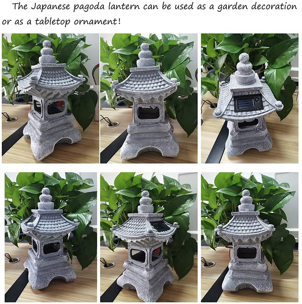 Pagoda latarnia stupa na zewnątrz ogród kamienna statuetka, japoński styl latarnia pagoda zasilana energią słoneczną LED na zewnątrz dekoracja ogrodowa, 34 cm (rozmiar: 34 cm)