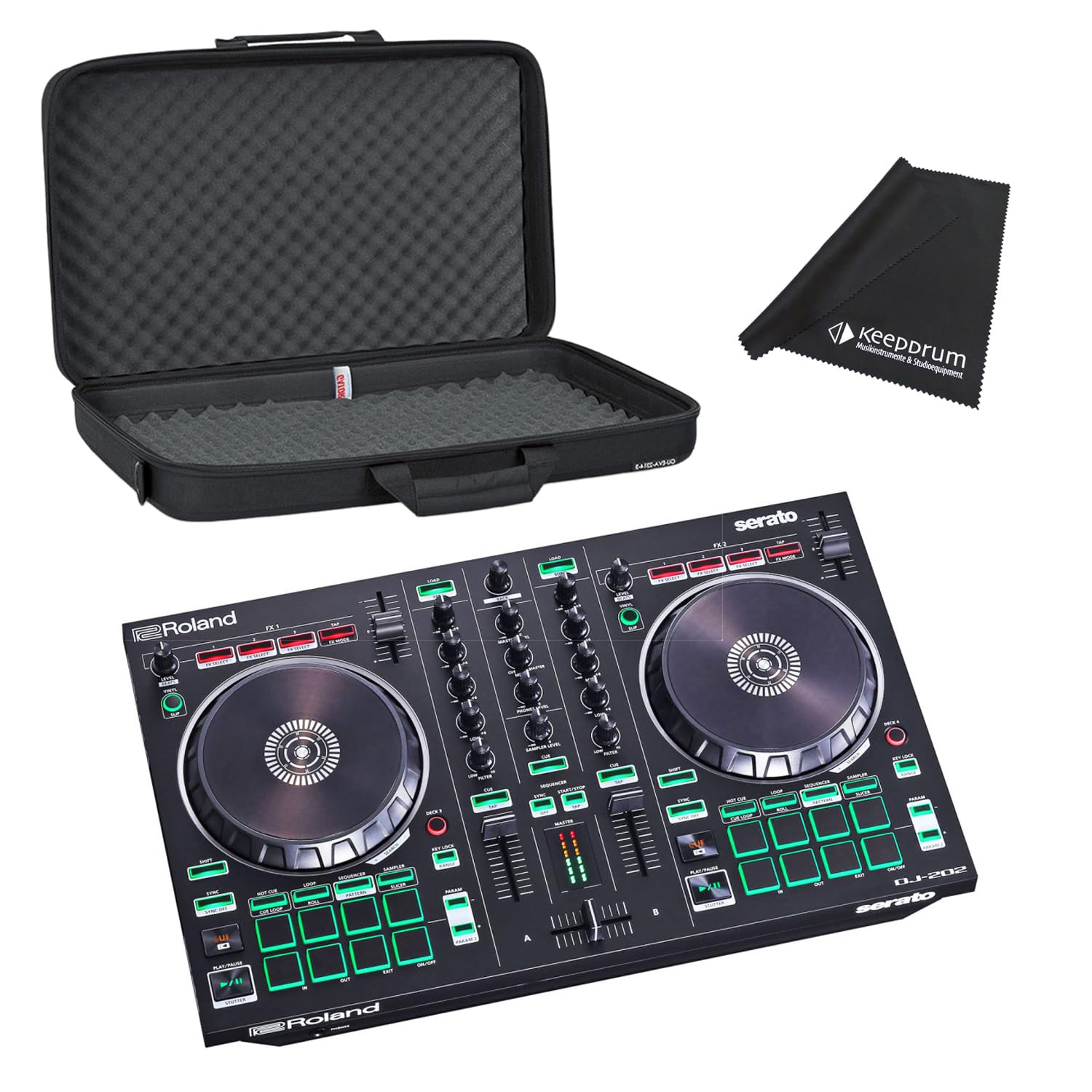 Roland DJ-202 - Controller USB DJ a 2 canali a 4 canali + custodia Gator + panno in microfibra Keepdrum