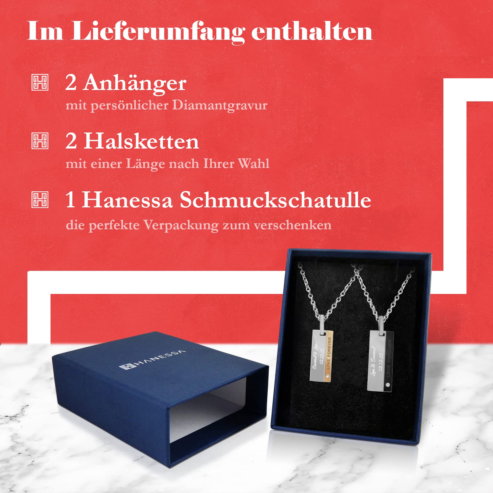 2 Stück Personalisierte Ketten mit Gravur Edelstahl 45-60 cm Dog Tag in silber/gold und silber schwarz - Halsketten Männer Frauen - Personalisierter Schmuck Damen Herren - Partner Ketten